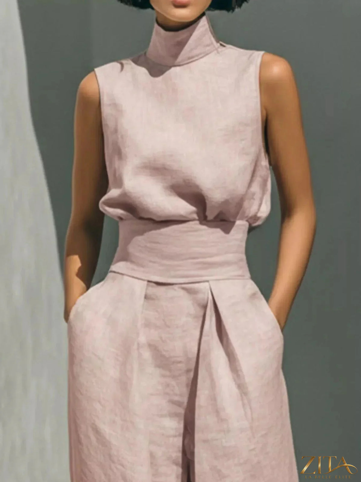 Plus size Zita La Belle Elite sleeveless turtleneck top and wide-leg pants set, shown in a full-body front view.