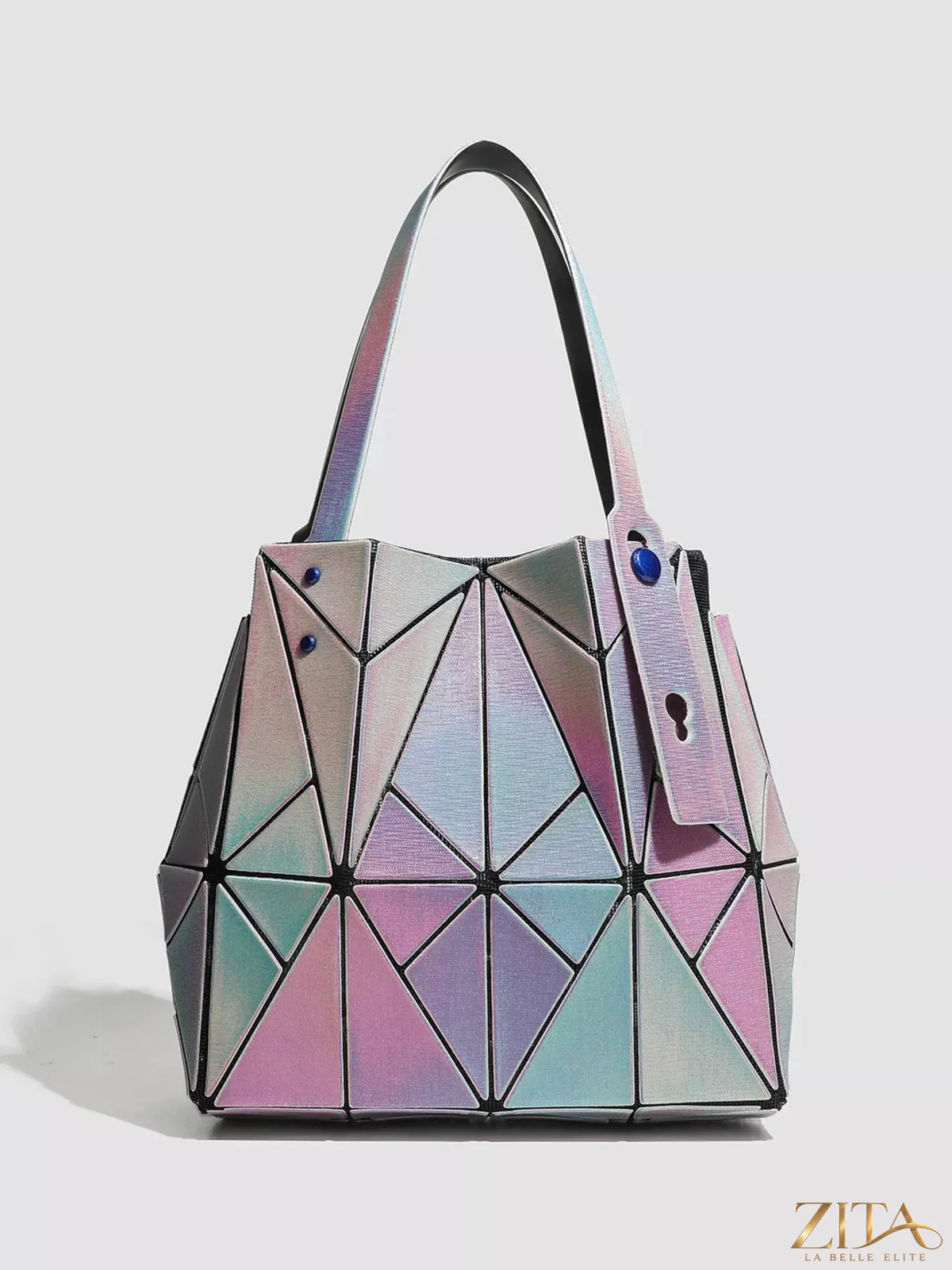 Iridescent geometric shoulder bag by Zita La Belle Elite featuring a modern, shiny design with structured shape and adjustable strap.