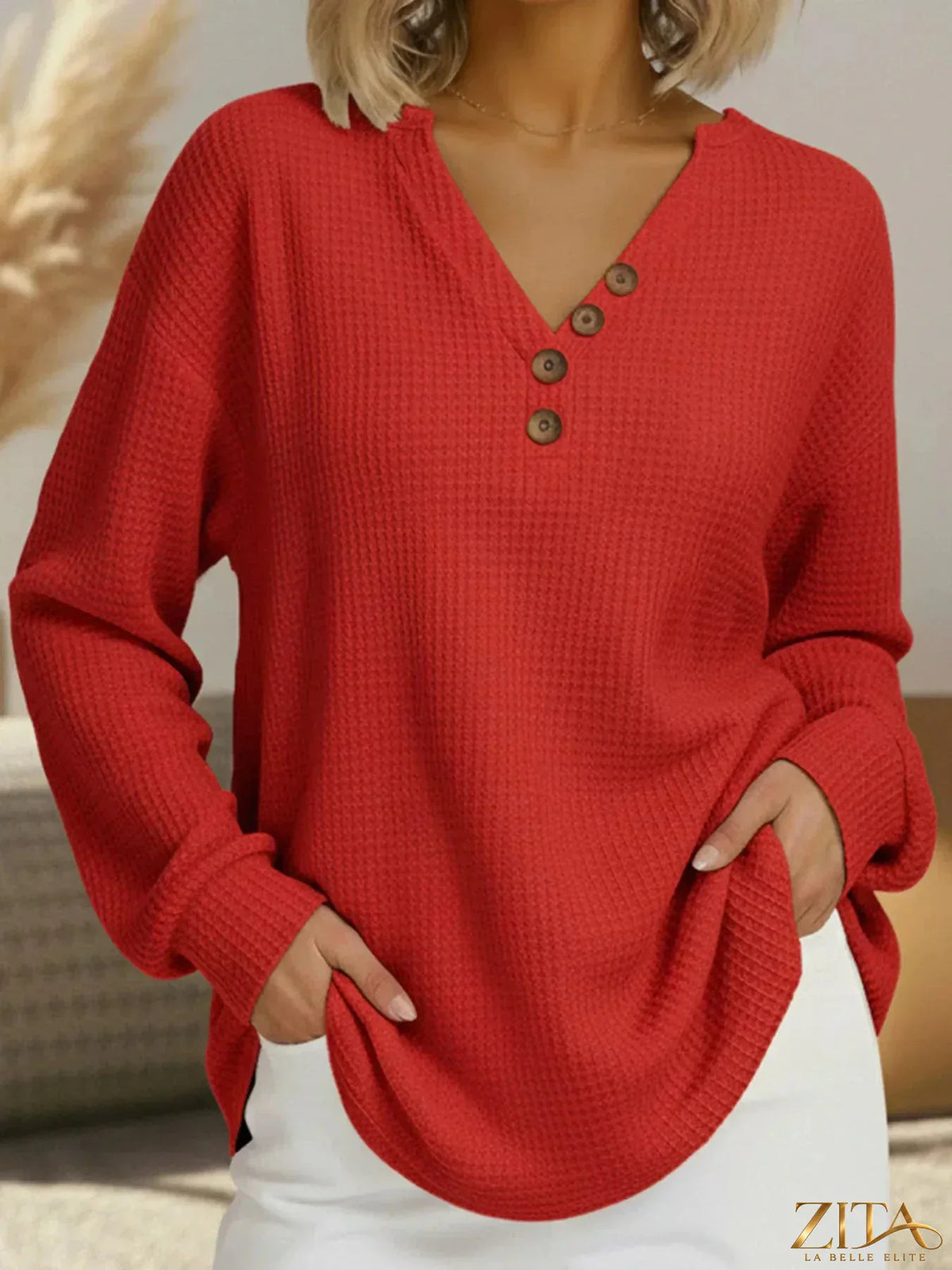 Plus size Zita La Belle Elite waffle knit V-neck long sleeve T-shirt in casual style, featuring a cozy waffle pattern and relaxed fit.