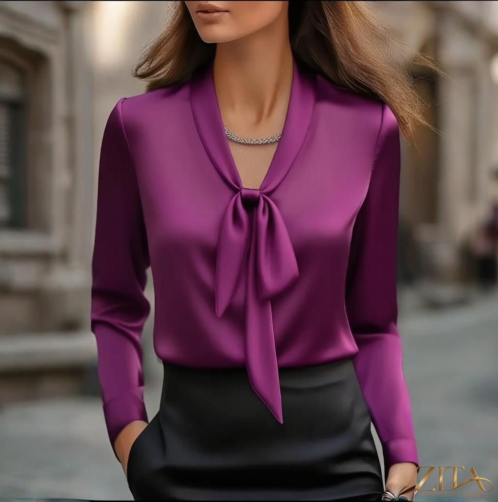 Zita La Belle Elite elegant satin ribbon blouse with long sleeves and button-down design, perfect for casualwear.