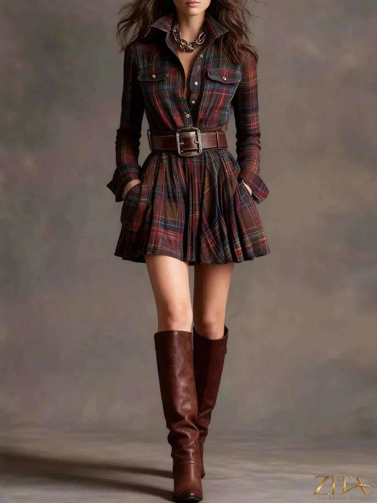 Zita La Belle Elite plaid long-sleeve shirt dress with button front and collar, featuring a classic checkered pattern.