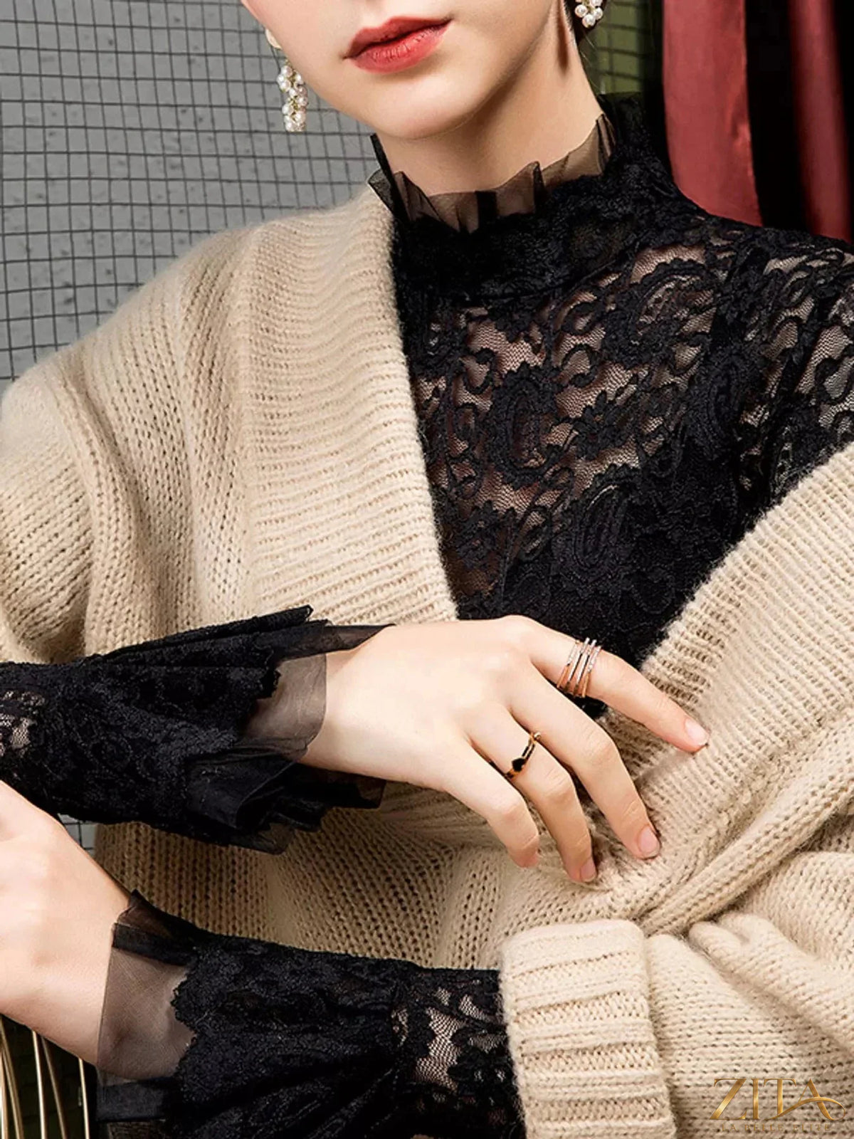 Plus size lace mock neck long sleeve blouse by Zita La Belle Elite, featuring elegant lace details and a fitted silhouette.