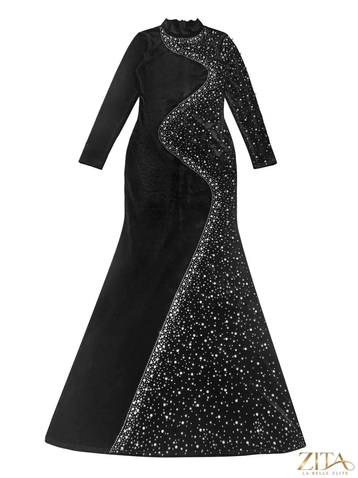 Velvet mermaid evening maxi dress with rhinestone embellishments by Zita La Belle Elite, featuring a fitted silhouette and elegant design.