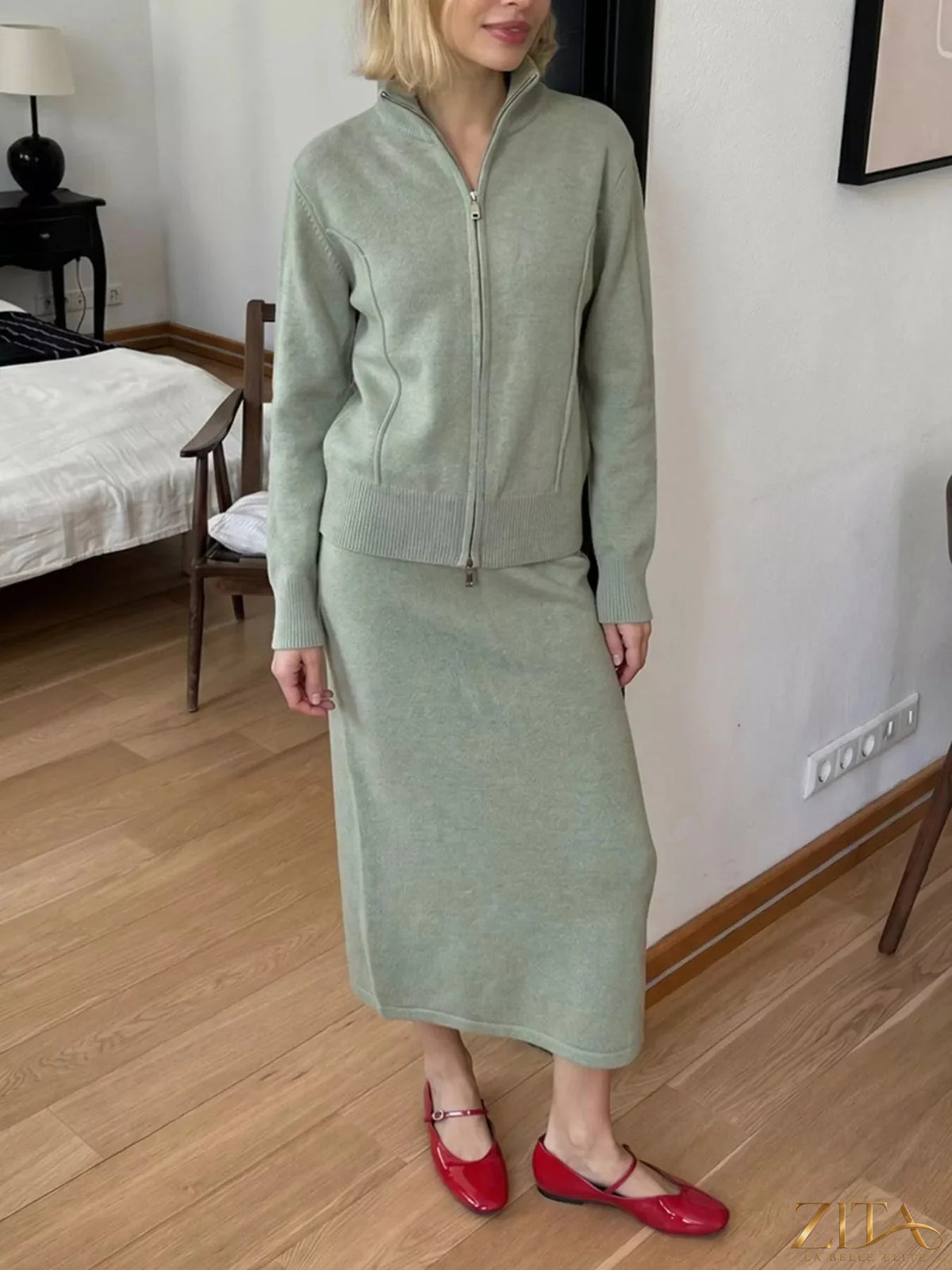 Zita La Belle Elite zip-up mock neck cardigan and matching midi skirt sweater set, shown in stylish knit fabric.