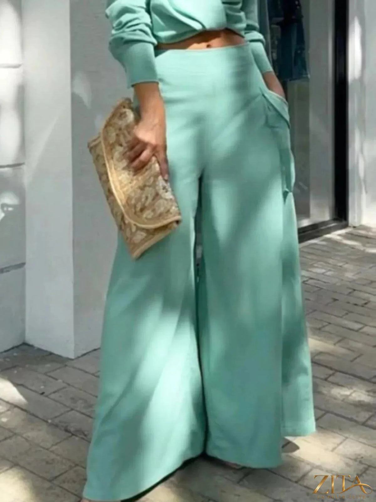 Zita La Belle Elite long sleeve shirt and wide leg pants set, stylish casual outfit with soft fabric and modern design.
