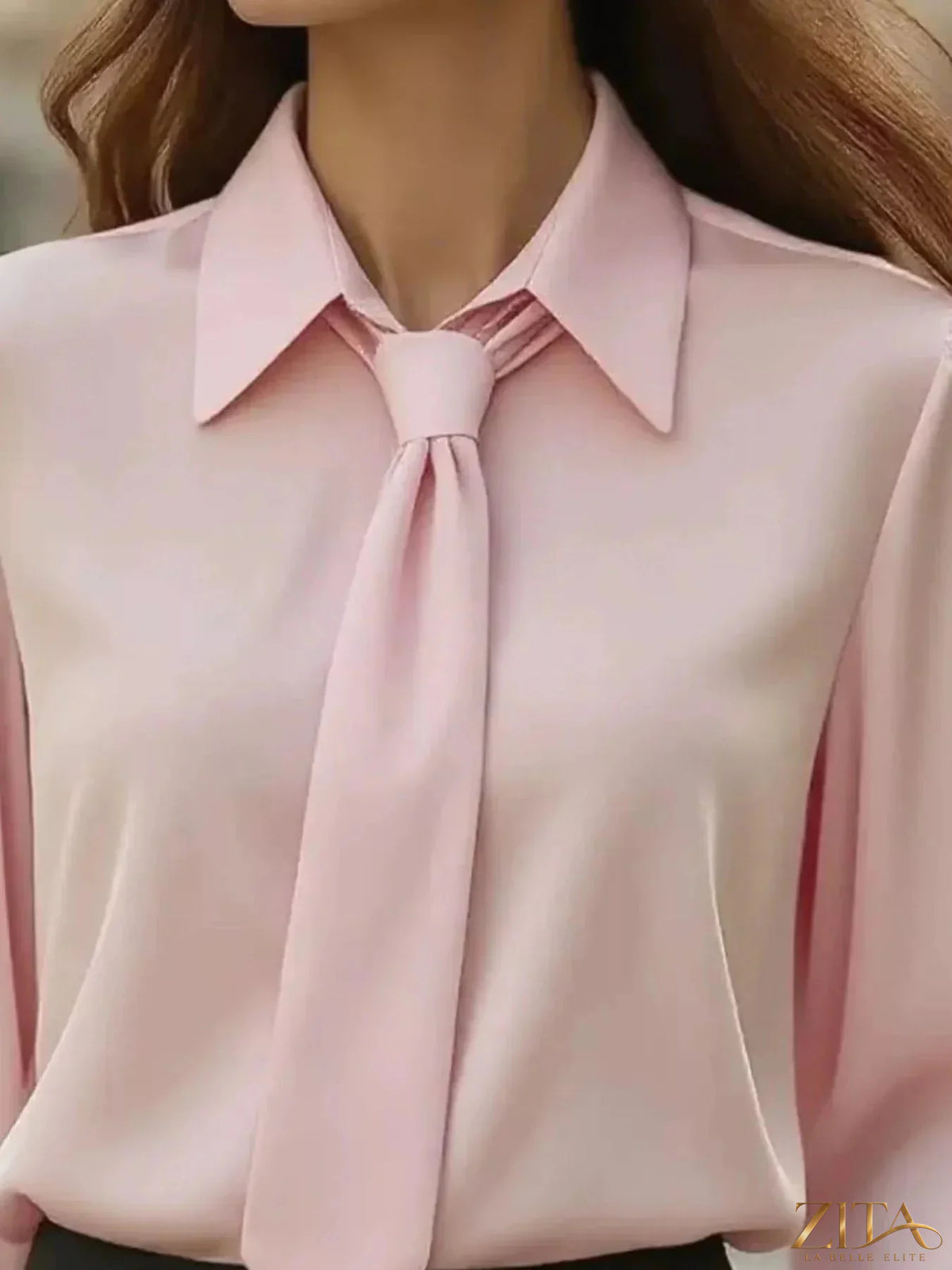 Zita La Belle Elite tie-neck long sleeve blouse with a soft fabric and elegant design, featuring a bow tie at the neckline.