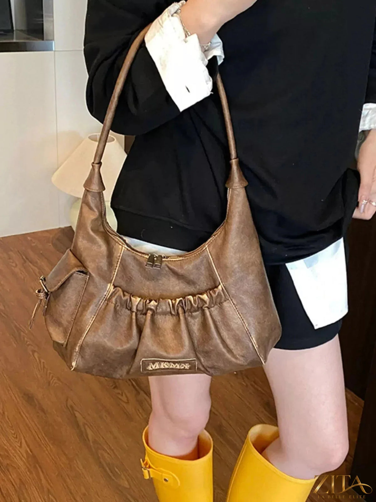 Vintage ruched Zita La Belle Elite hobo shoulder bag with soft leather, slouchy design, and decorative stitching.