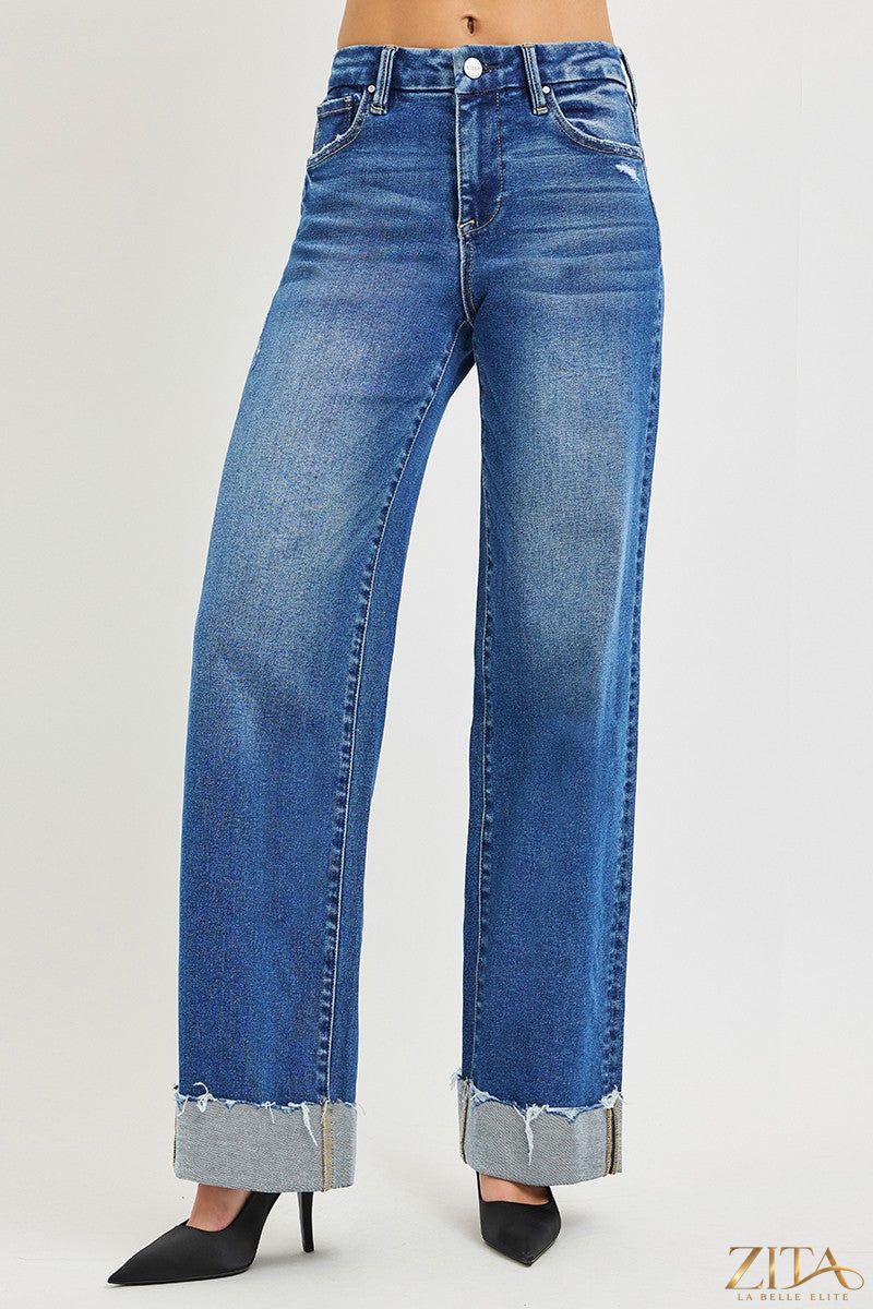 Zita La Belle Elite Risen high rise wide leg jeans with cuffed hem, showcasing a stylish denim fit and relaxed silhouette.