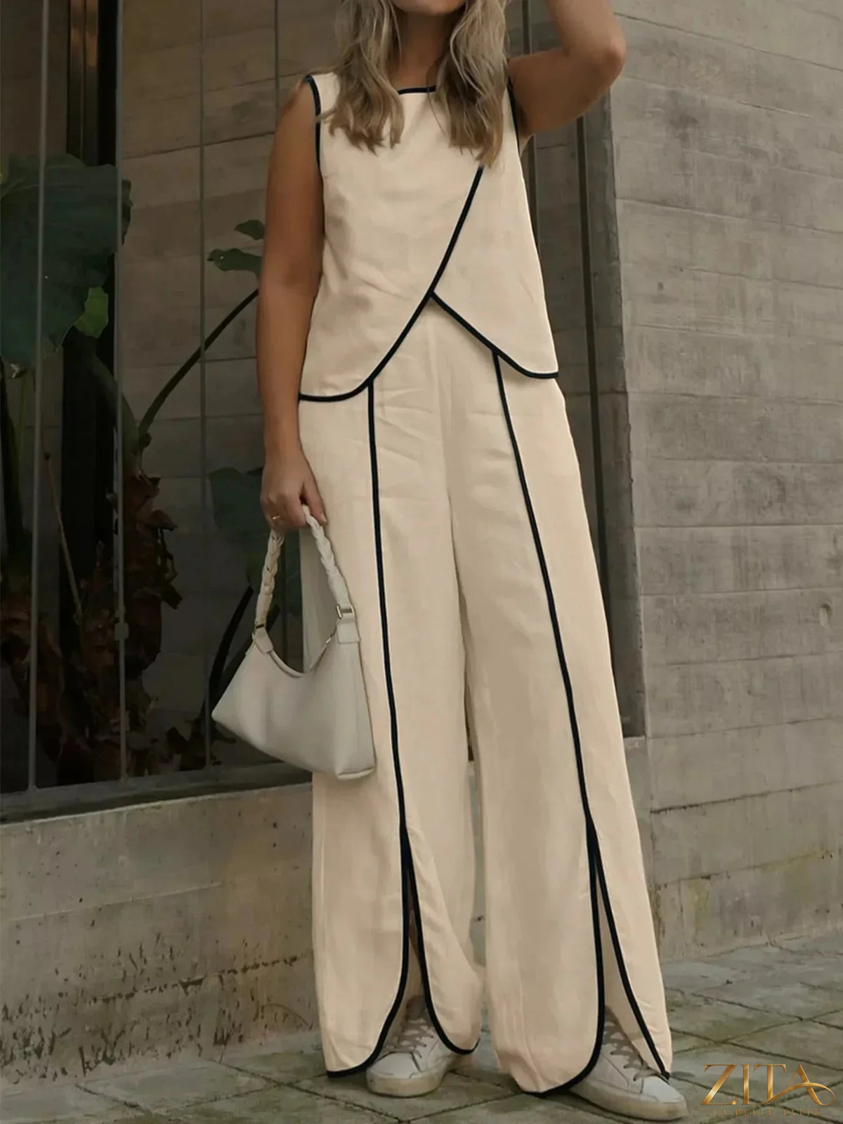 Zita La Belle Elite contrast trim top and wide-leg pants set, stylish casual outfit with black and white accents.