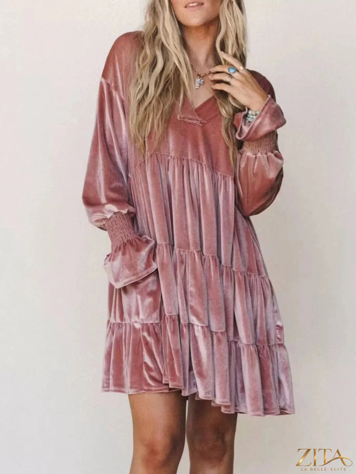 Velvet tiered mini dress with balloon sleeves by Zita La Belle Elite, featuring a stylish, flowy silhouette and elegant design.
