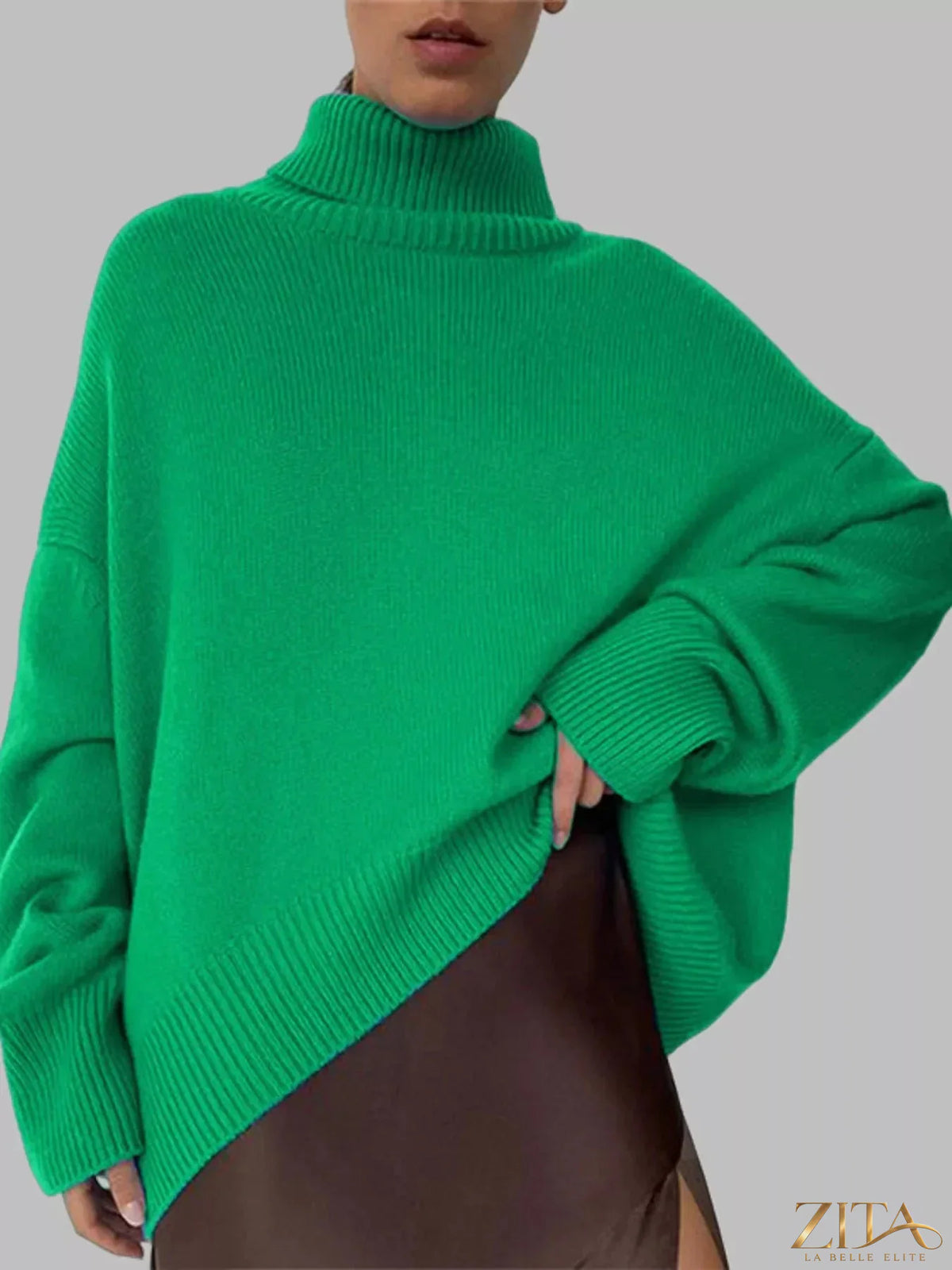 Zita La Belle Elite turtleneck dropped shoulder sweater in soft knit fabric, shown in a cozy, relaxed fit style.