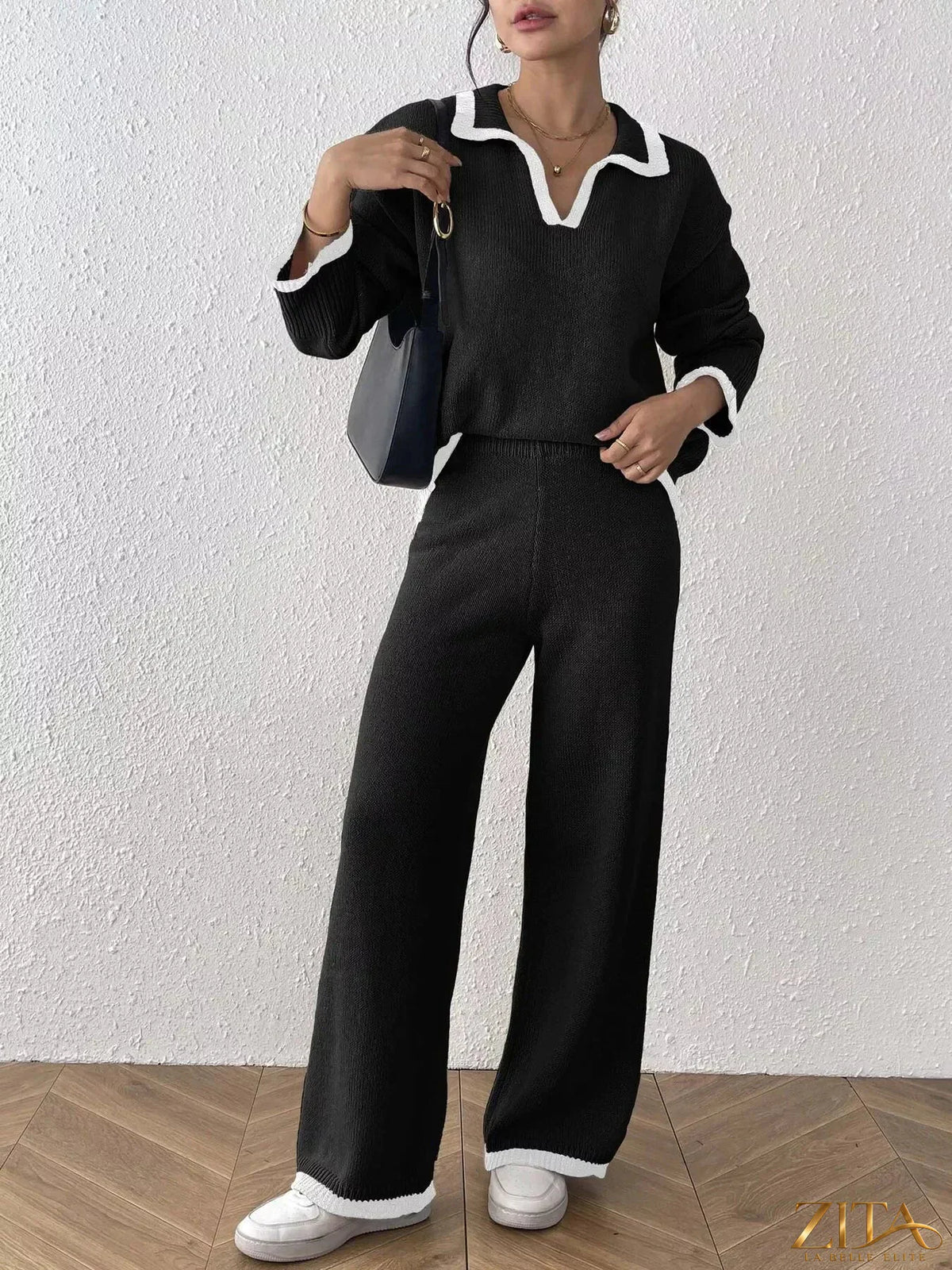 Zita La Belle Elite contrast trim polo collar top and pants sweater set, featuring a stylish coordinated knit ensemble.