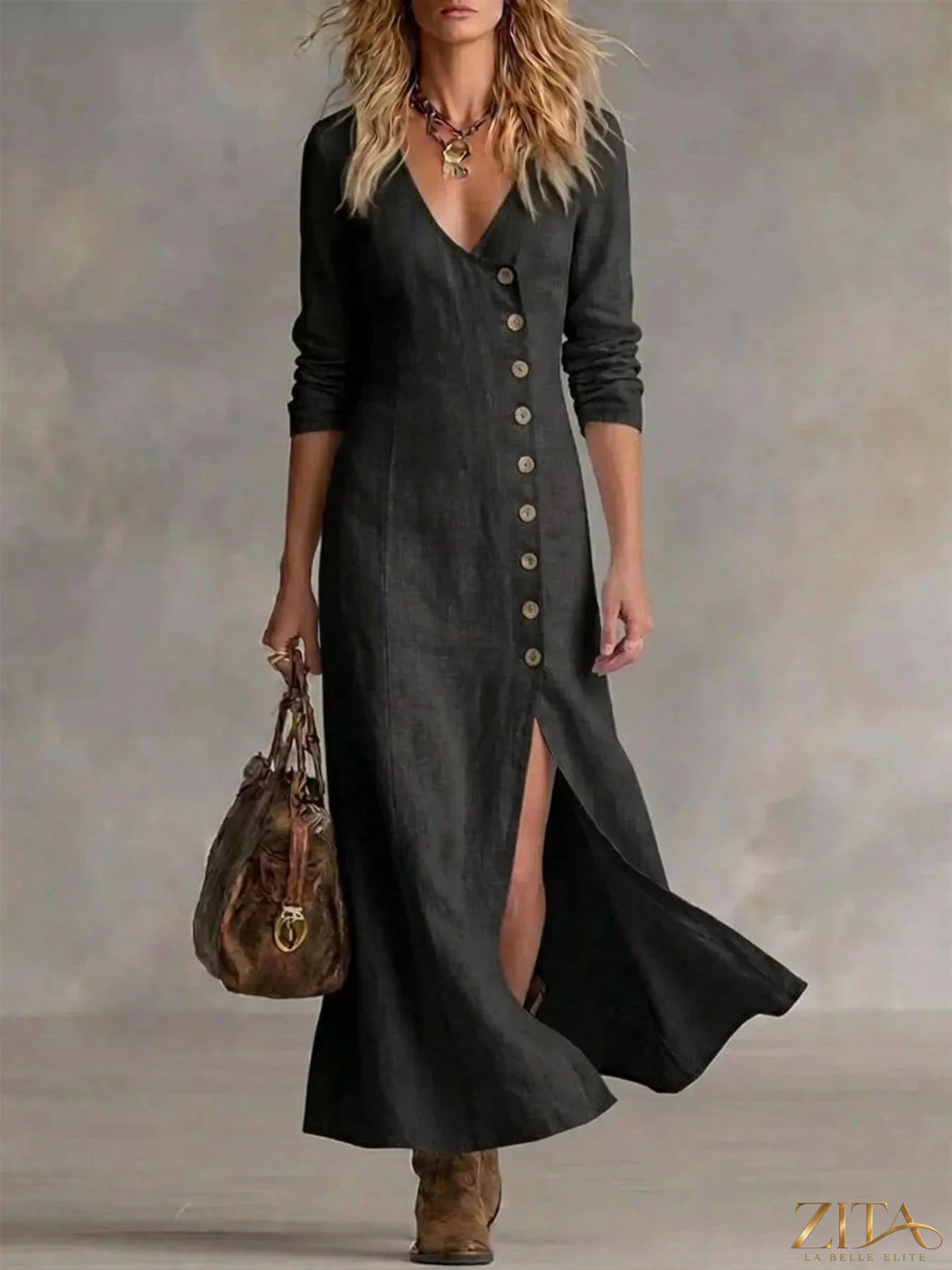 Zita La Belle Elite slit button-down midi dress in flowy fabric, featuring a deep slit and elegant design.