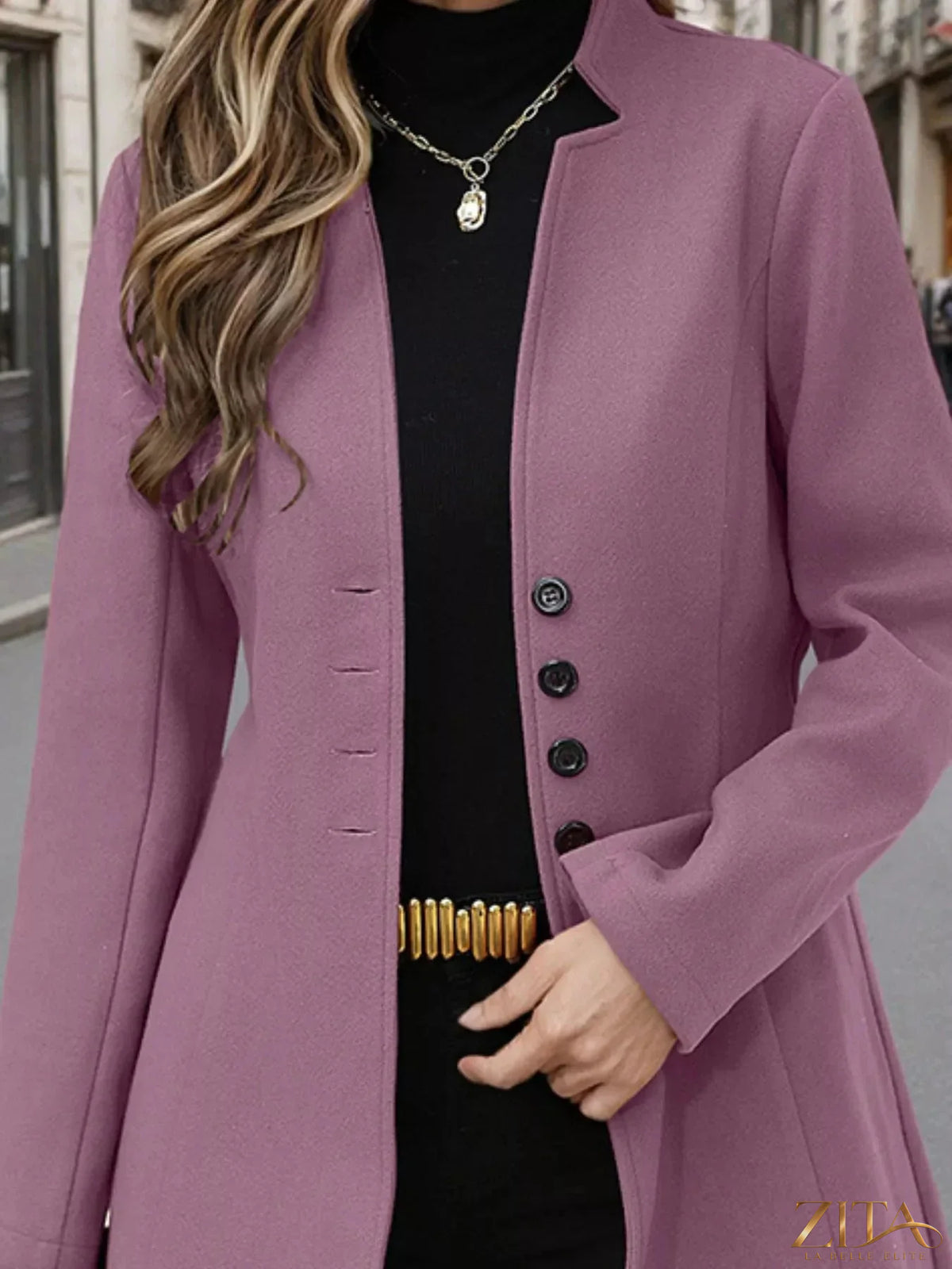 Zita La Belle Elite button-up long sleeve coat with a tailored fit, featuring a classic collar and front button closure.