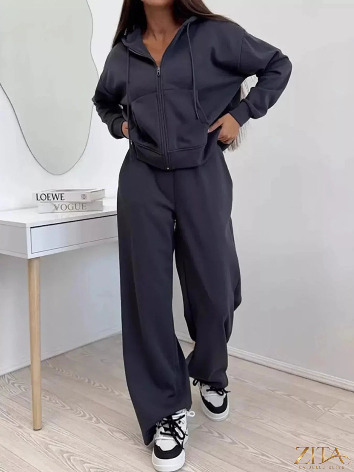 Zita La Belle Elite zip-up hoodie and wide-leg pants set in soft fabric, shown in a stylish casual outfit.