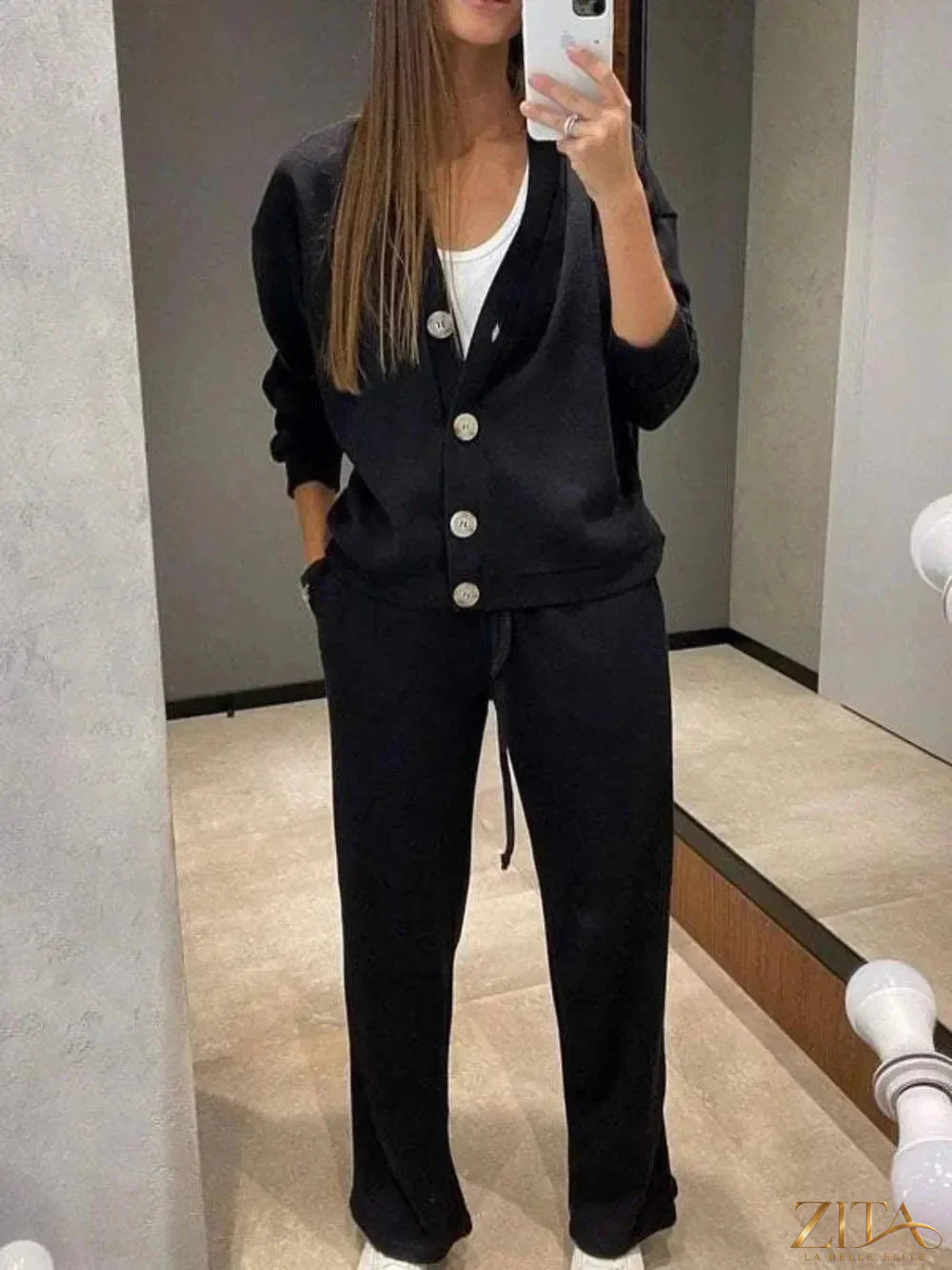 Zita La Belle Elite full size button-up long sleeve top and pants set displayed on a mannequin, showcasing the stylish outfit.