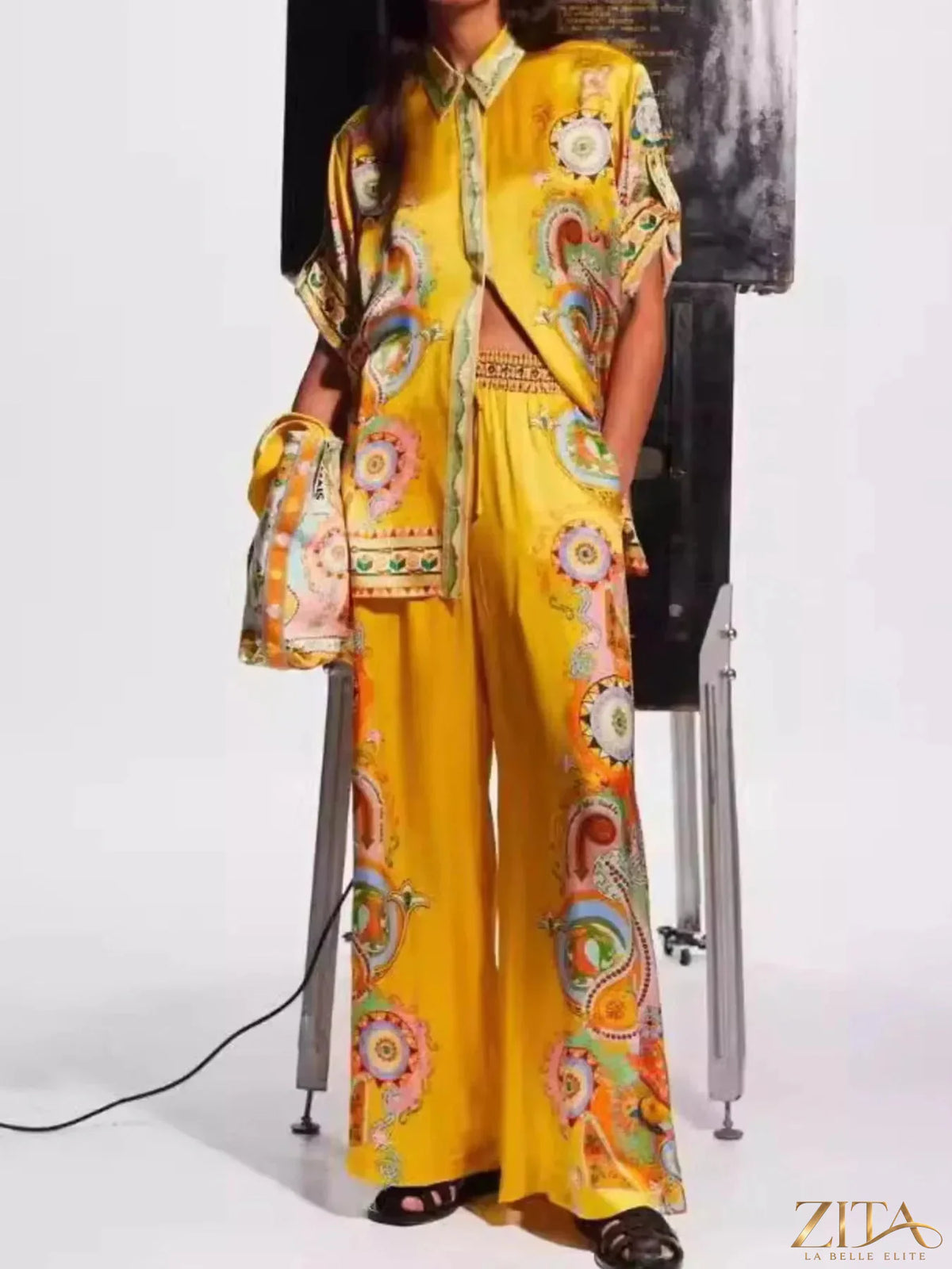 Zita La Belle Elite printed button-up shirt and matching pants set, featuring stylish pattern and tailored fit.