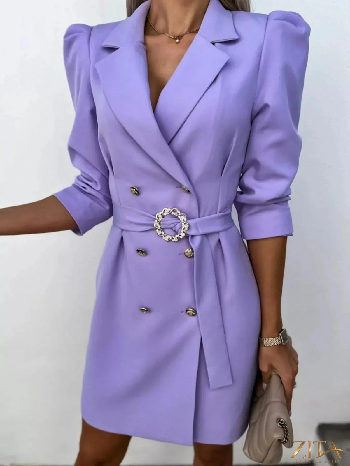 Zita La Belle Elite 3/4 sleeve belted blazer dress in black, tailored fit with lapel collar, shown on a mannequin.