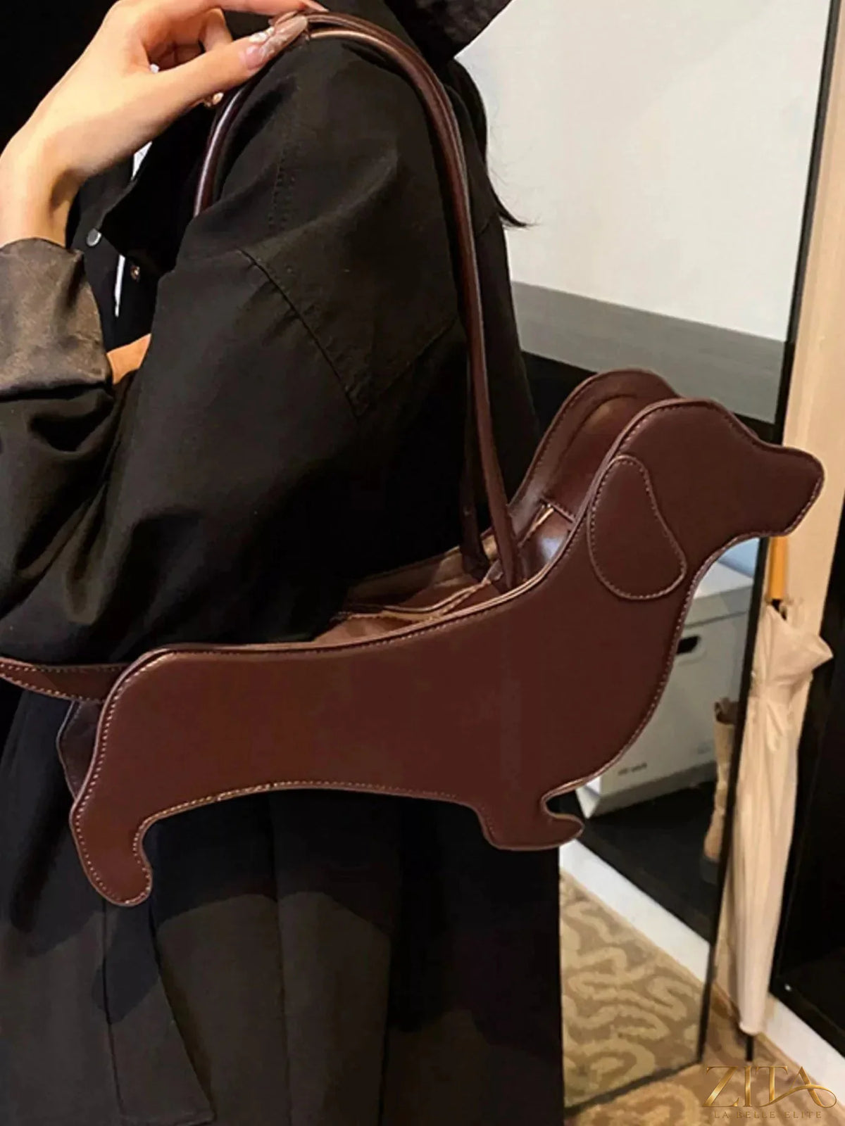 Zita La Belle Elite dachshund-shaped shoulder bag in beige with long floppy ears and a cute, detailed design.