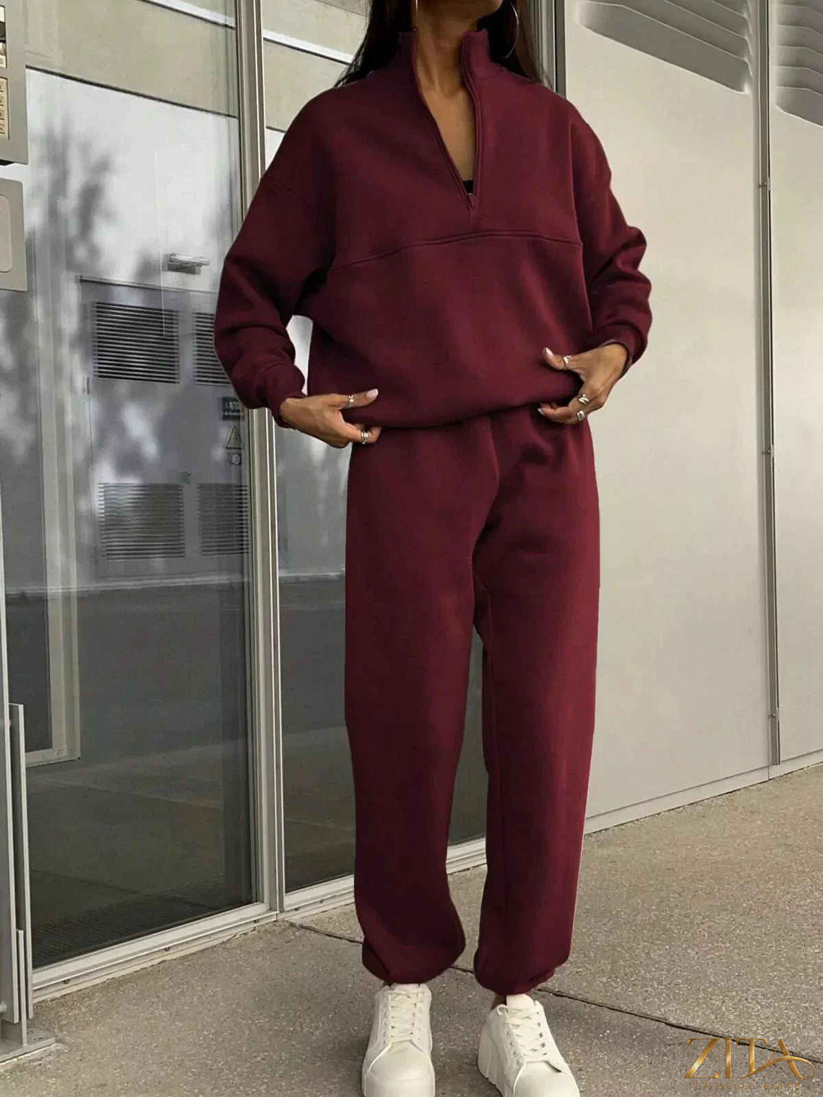 Zita La Belle Elite half zip sweatshirt and matching pants set, casual loungewear with a relaxed fit and comfortable fabric.