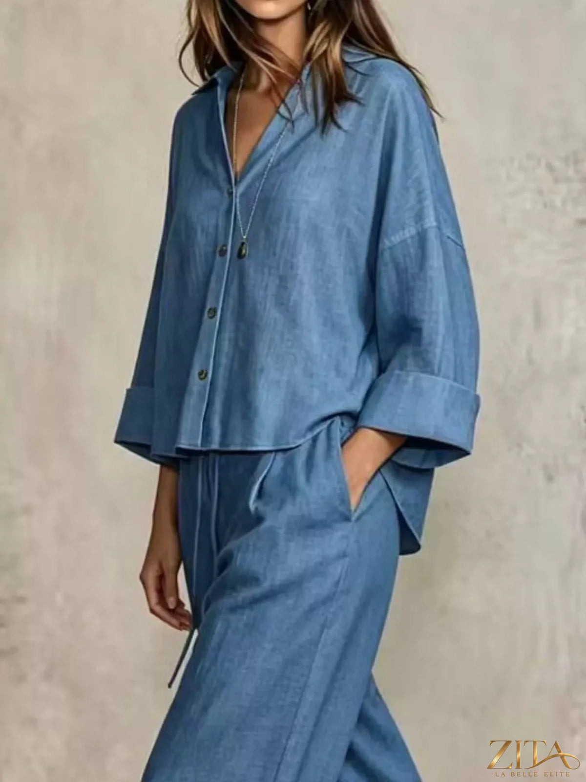Plus size Zita La Belle Elite button-down shirt and wide-leg pants set, shown in a full view with natural fabric details.
