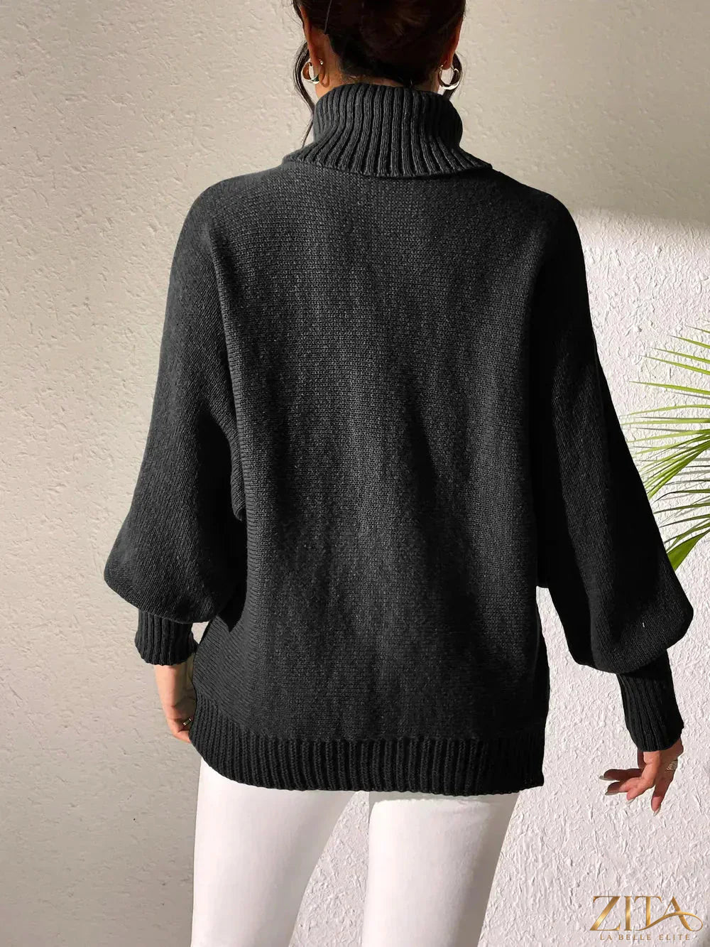 Zita La Belle Elite turtleneck long sleeve sweater in soft knit fabric, shown in a close-up of the beige color and textured collar.