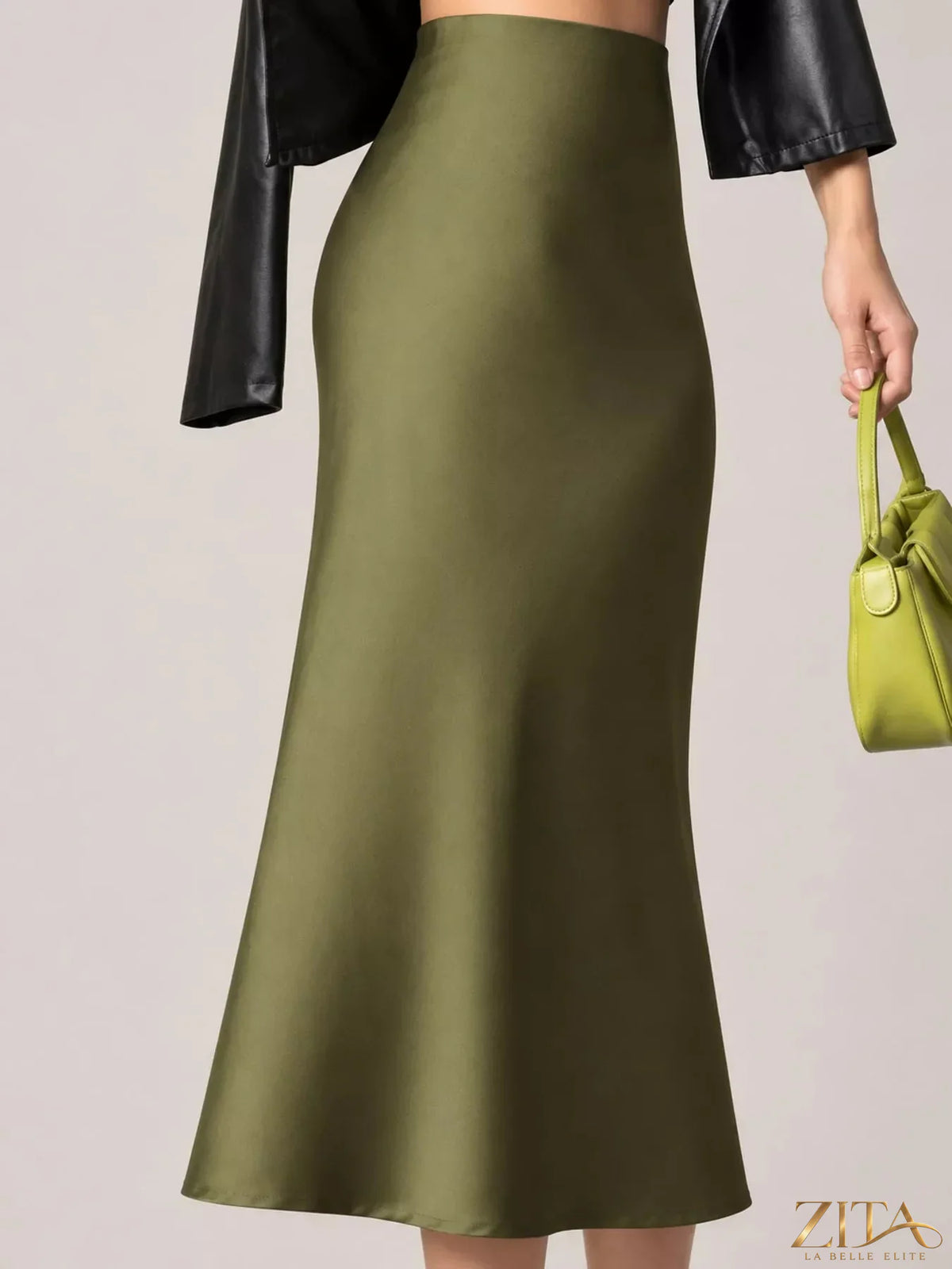 High-waisted satin midi skirt in soft sheen, designed by Trendsi, with a flowy silhouette and elegant length.