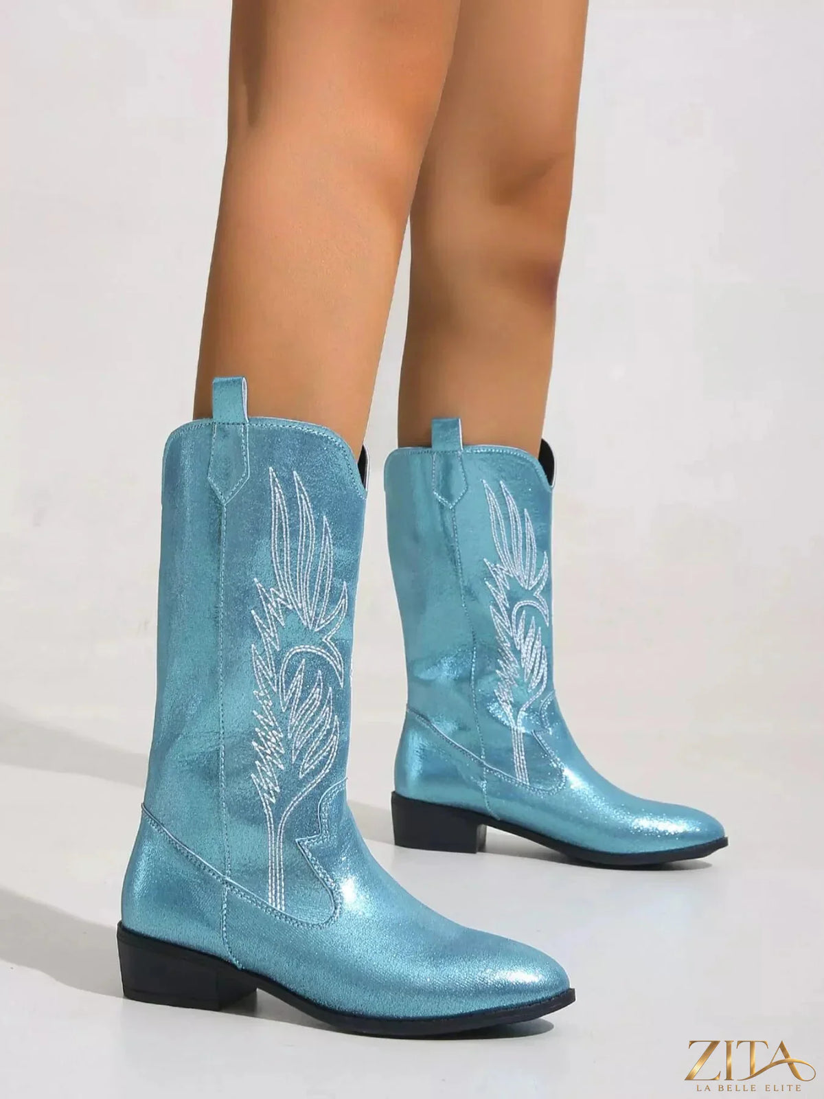 Embroidery detail on Zita La Belle Elite embroidered block heels boots featuring stylish design and comfortable heel height.