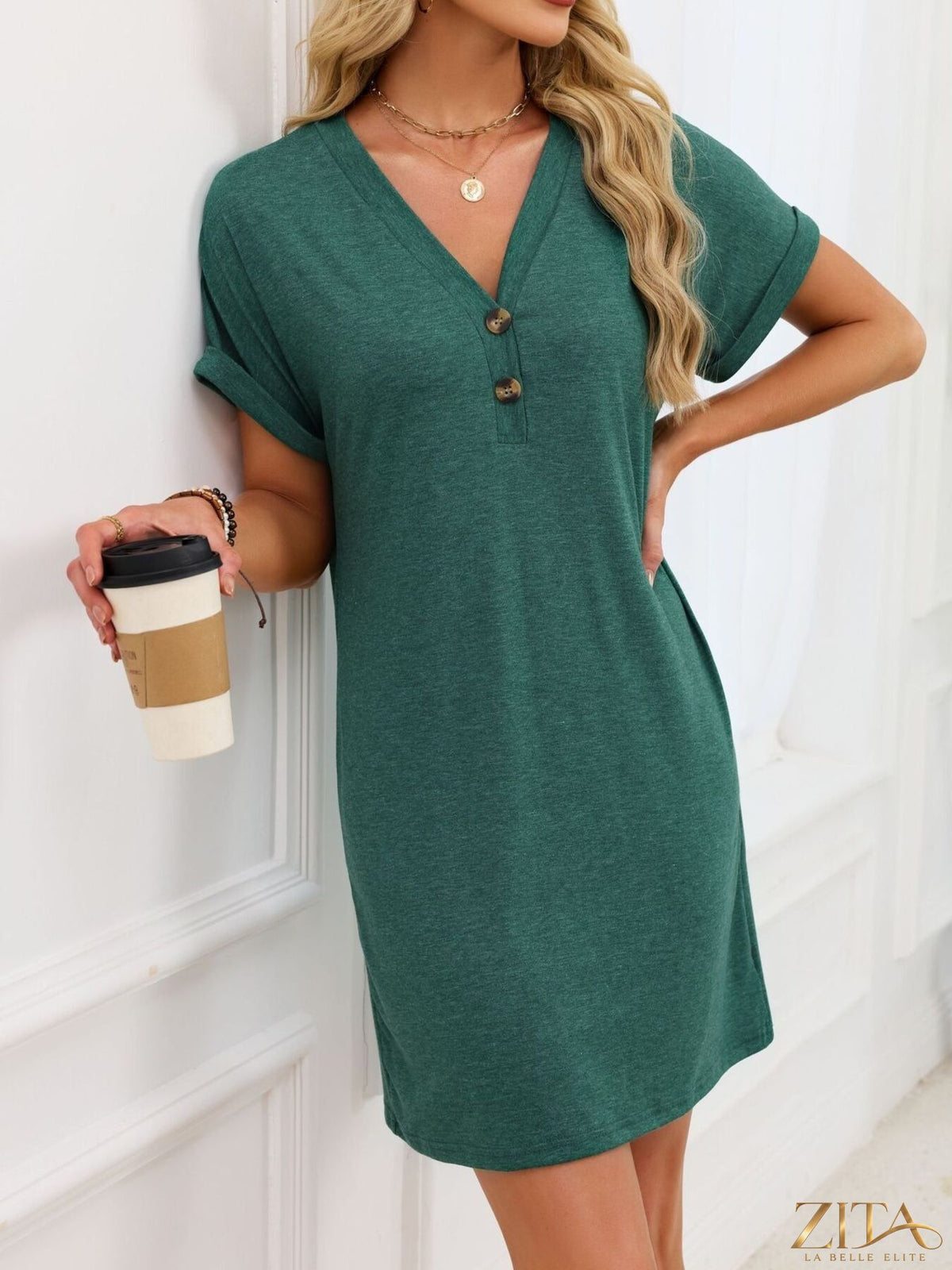 Zita La Belle Elite casual V-neck short sleeve T-shirt dress in soft fabric, shown on a model.