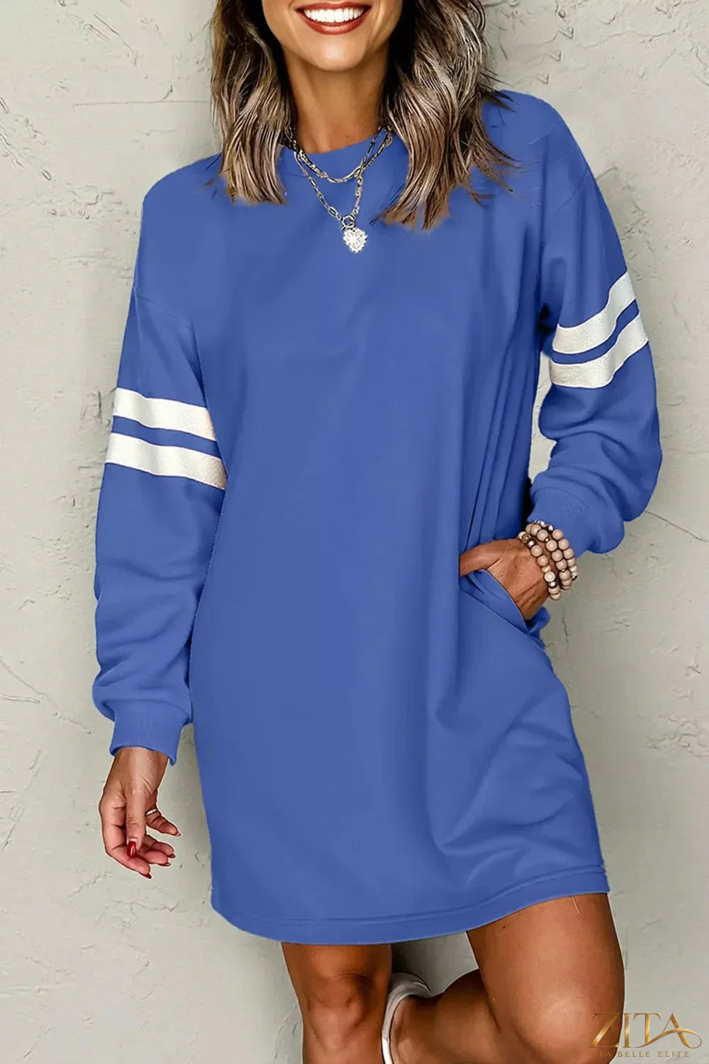 Zita La Belle Elite stripe long sleeve casual sweatshirt dress displayed on a model, featuring a relaxed fit and comfortable fabric.