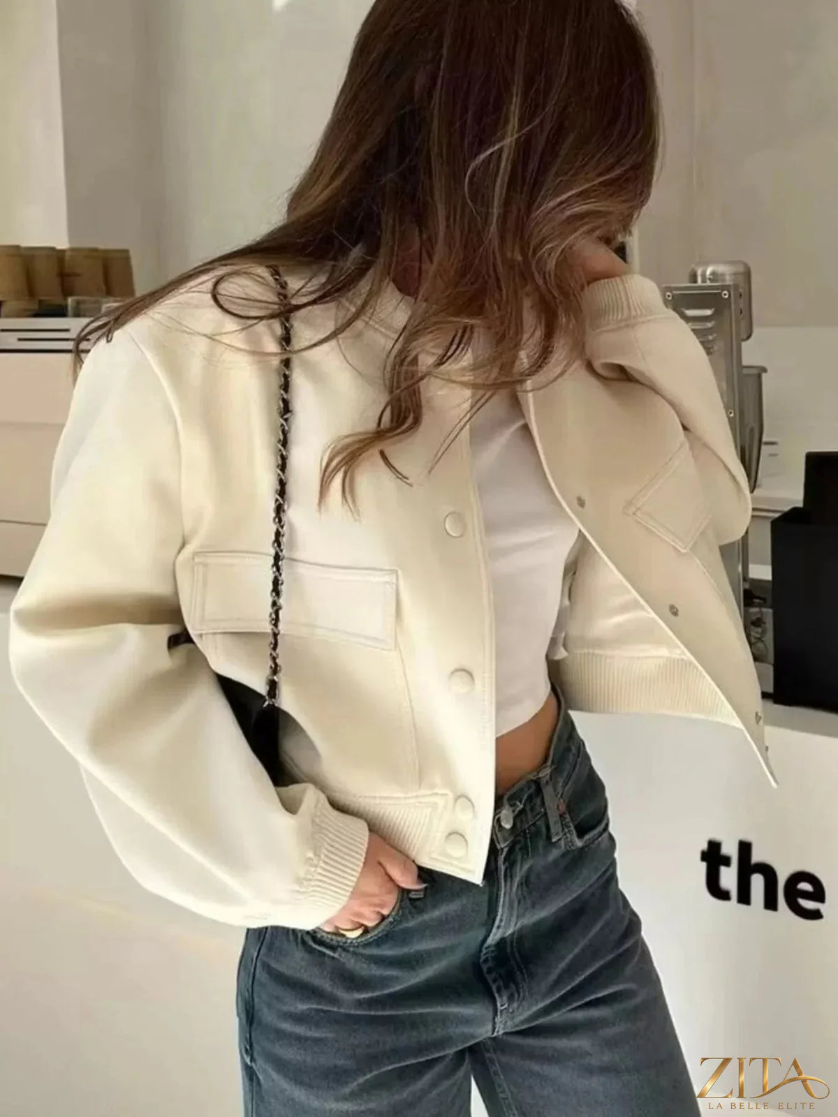 Zita La Belle Elite snap-down cropped bomber jacket with ribbed cuffs and collar, black color, stylish and lightweight.