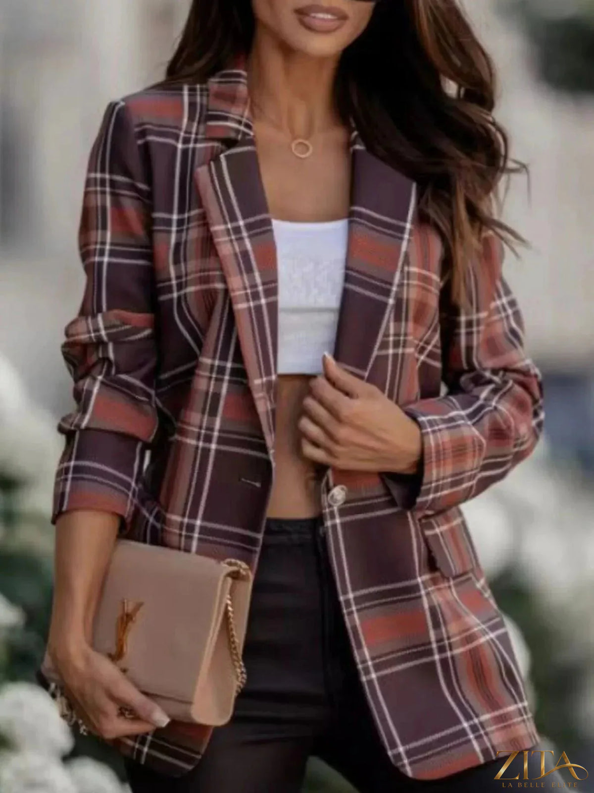 Zita La Belle Elite plaid blazer with lapel collar, tailored fit, in classic check pattern, suitable for stylish office or casual wear.