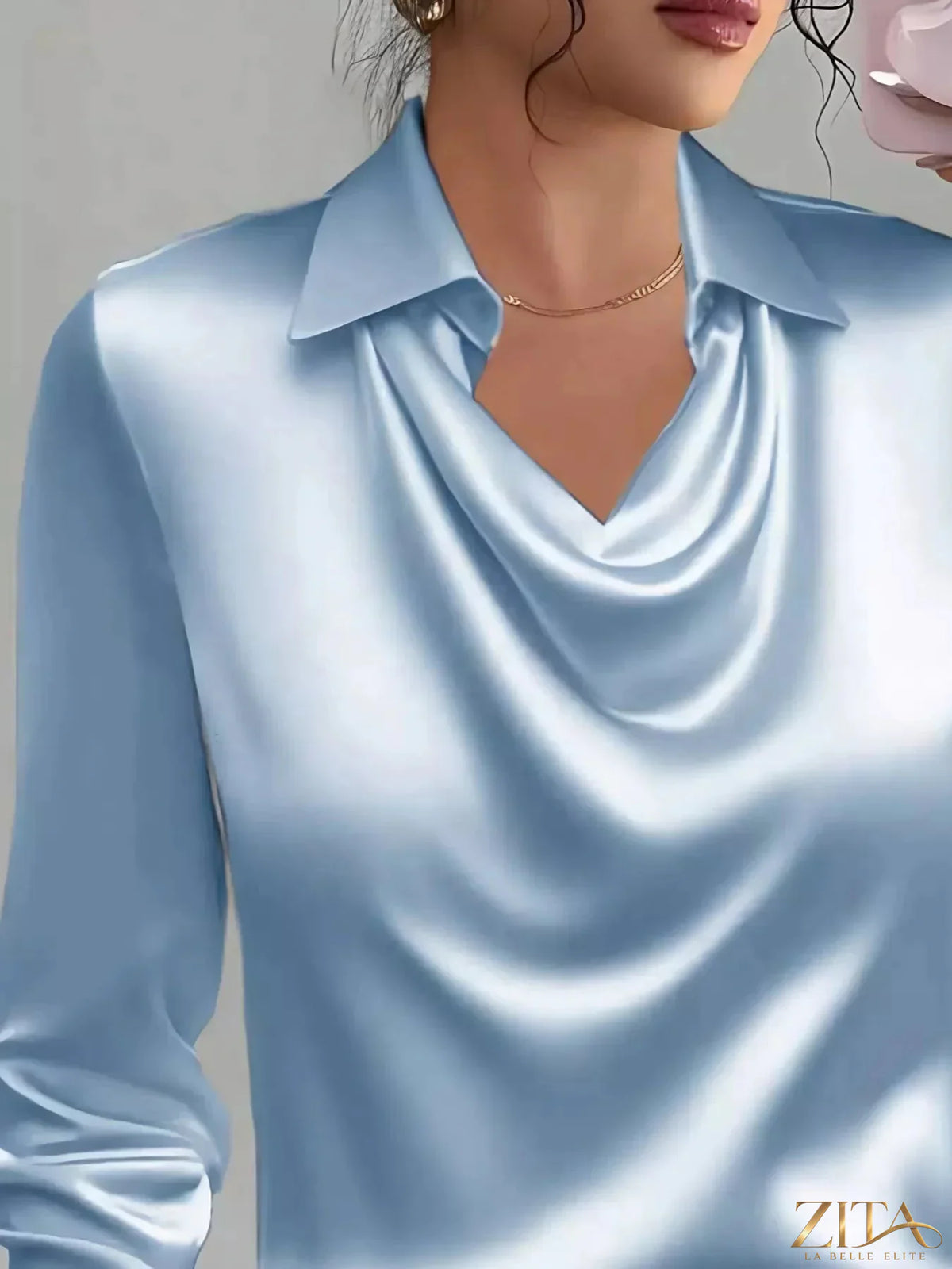 Zita La Belle Elite satin long sleeve blouse with a collared neck, featuring a sleek, shiny fabric and tailored fit.