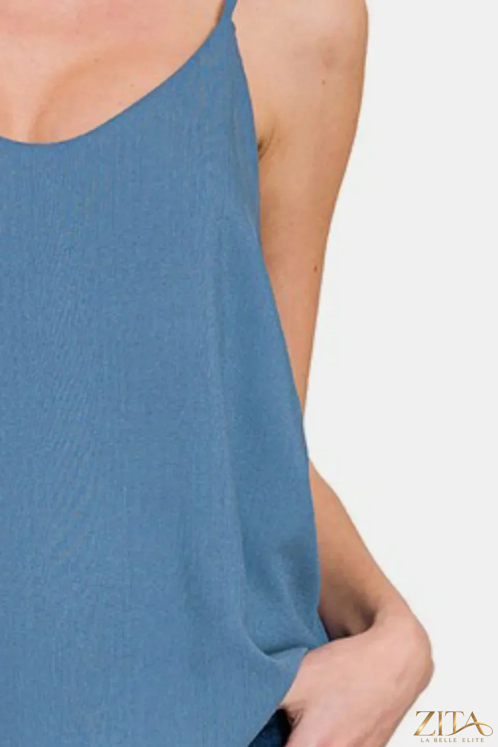 Zita La Belle Elite Zenana two-layered spaghetti strap cami with thin straps and soft fabric, displayed flat.