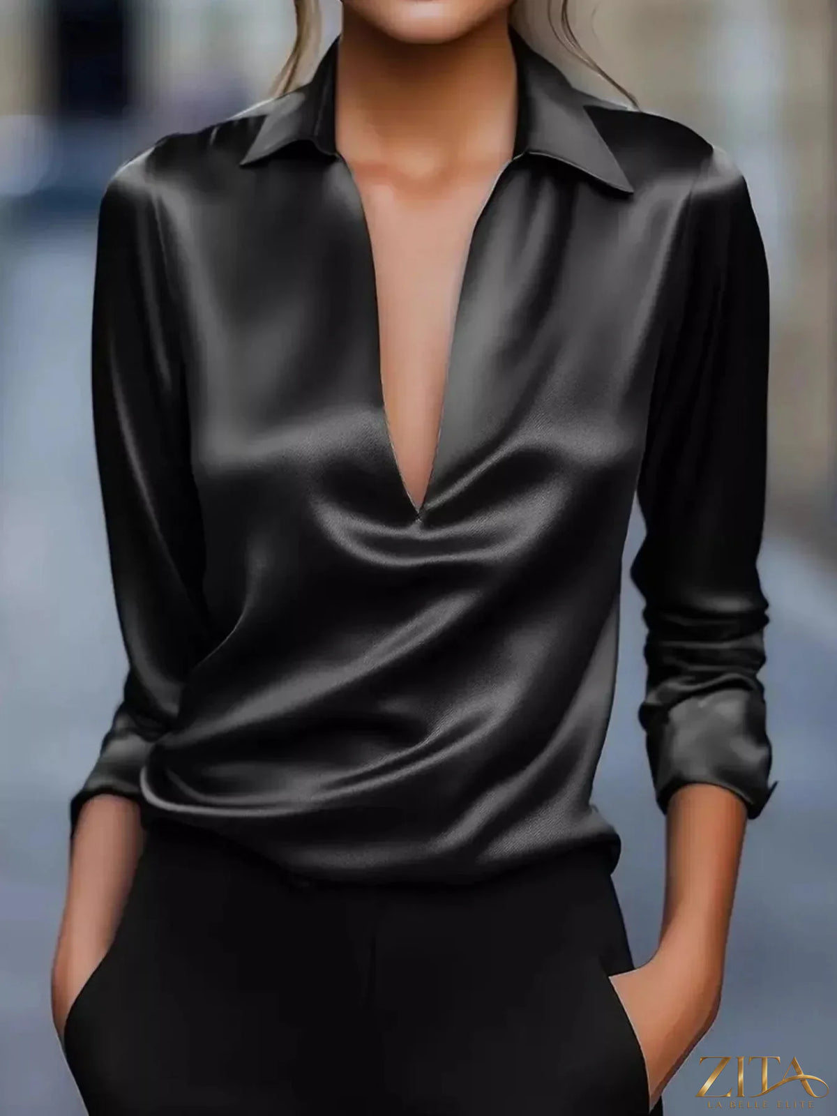 Zita La Belle Elite satin Johnny collar long sleeve blouse with button-up front and elegant fit, shown in a natural pose.
