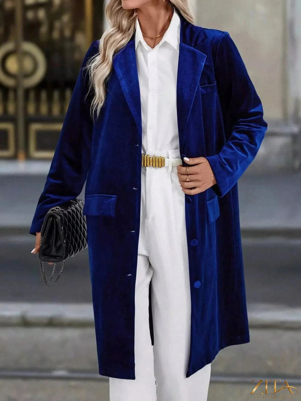 Zita La Belle Elite longline coat with lapel collar, long sleeves, and a stylish, flowing silhouette in soft fabric.