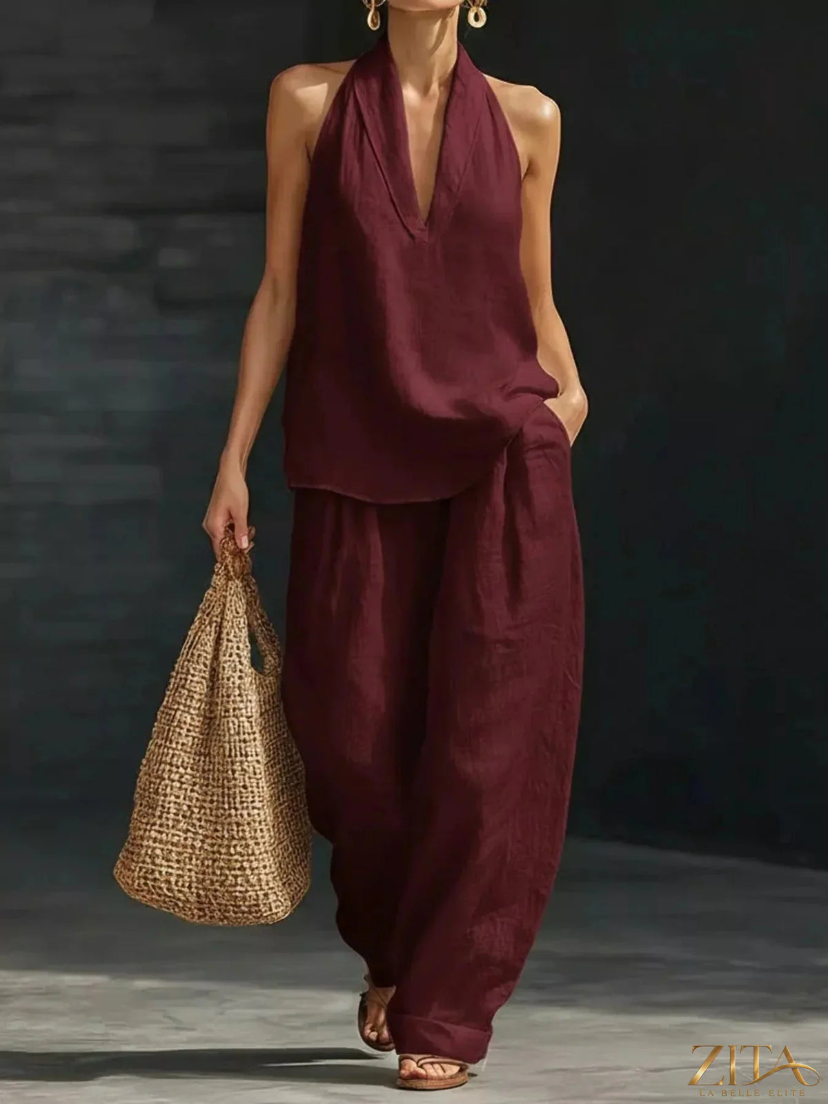 Plus size Zita La Belle Elite halter neck top with wide-leg pants set, featuring a stylish, comfortable fit and modern design.