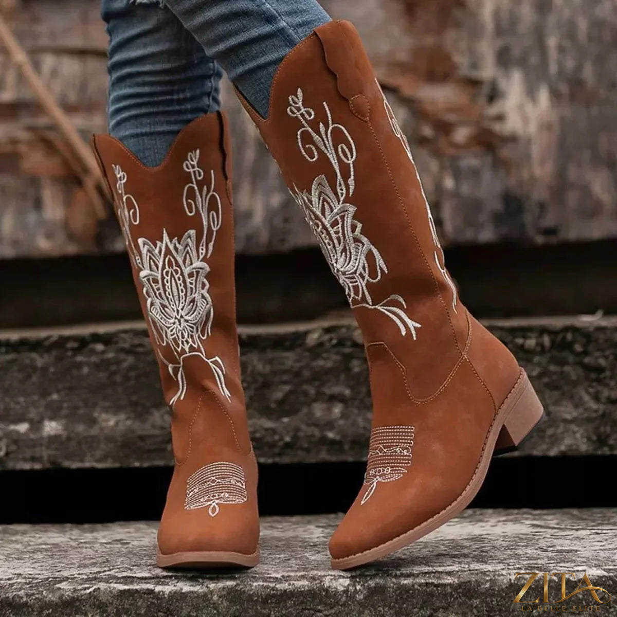 Zita La Belle Elite embroidered block heels boots with intricate embroidery and sturdy block heel, stylish footwear for women