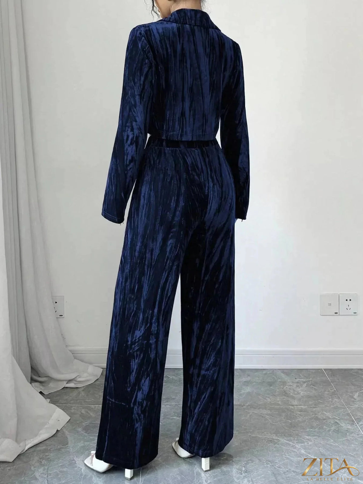 Zita La Belle Elite pleated velvet blazer and wide-leg pants set, stylish and elegant, in rich velvet fabric.