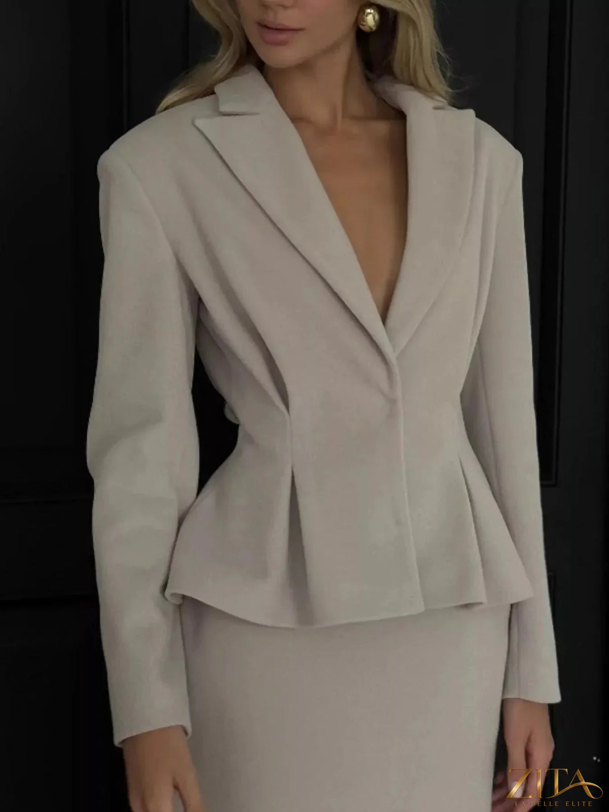 Trendsi peplum blazer and matching skirt set, stylish tailored outfit with fitted blazer and high-waisted skirt, navy blue color.