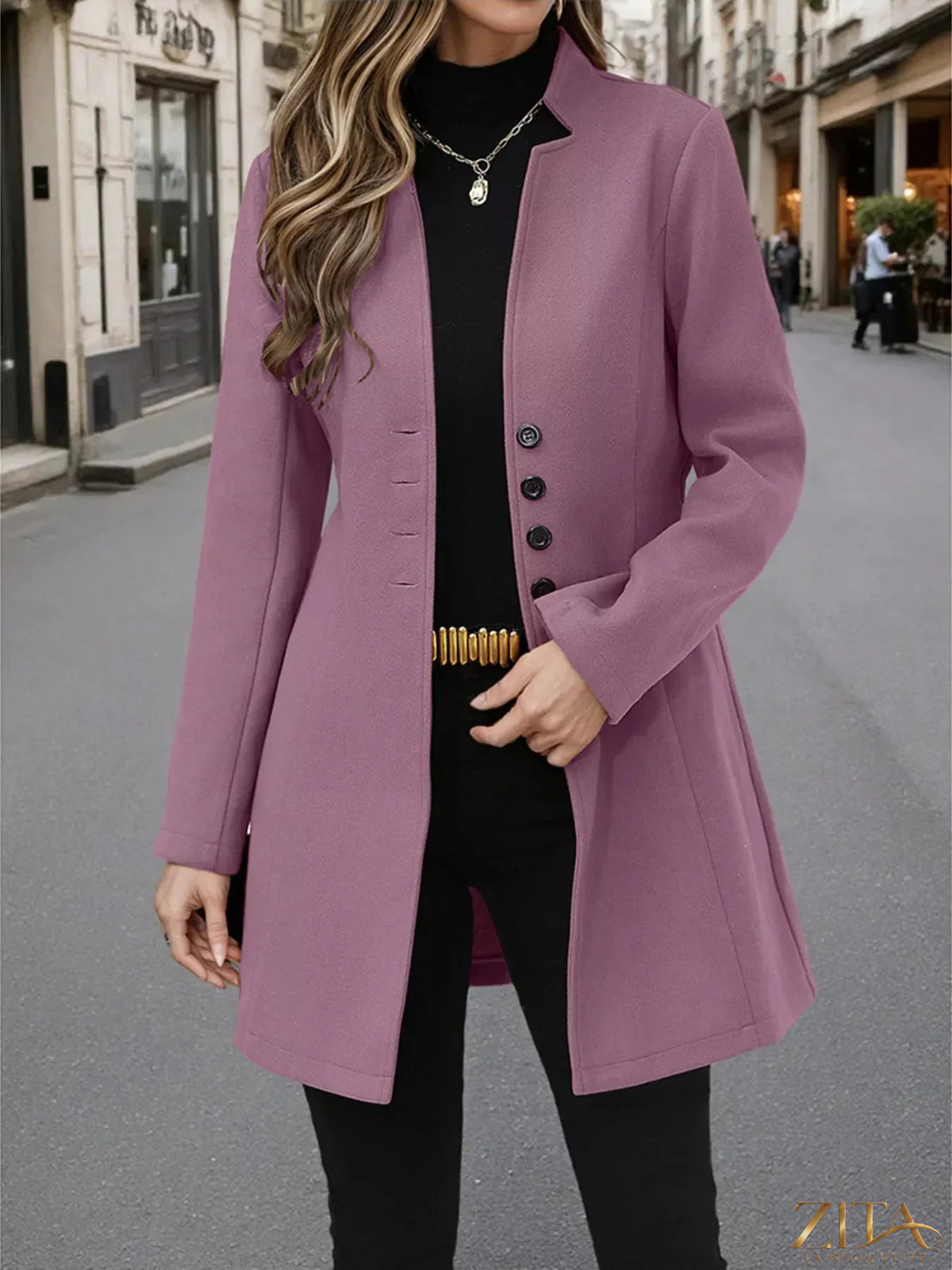 Zita La Belle Elite button-up long sleeve coat in a stylish design, shown on a model with a neutral background.