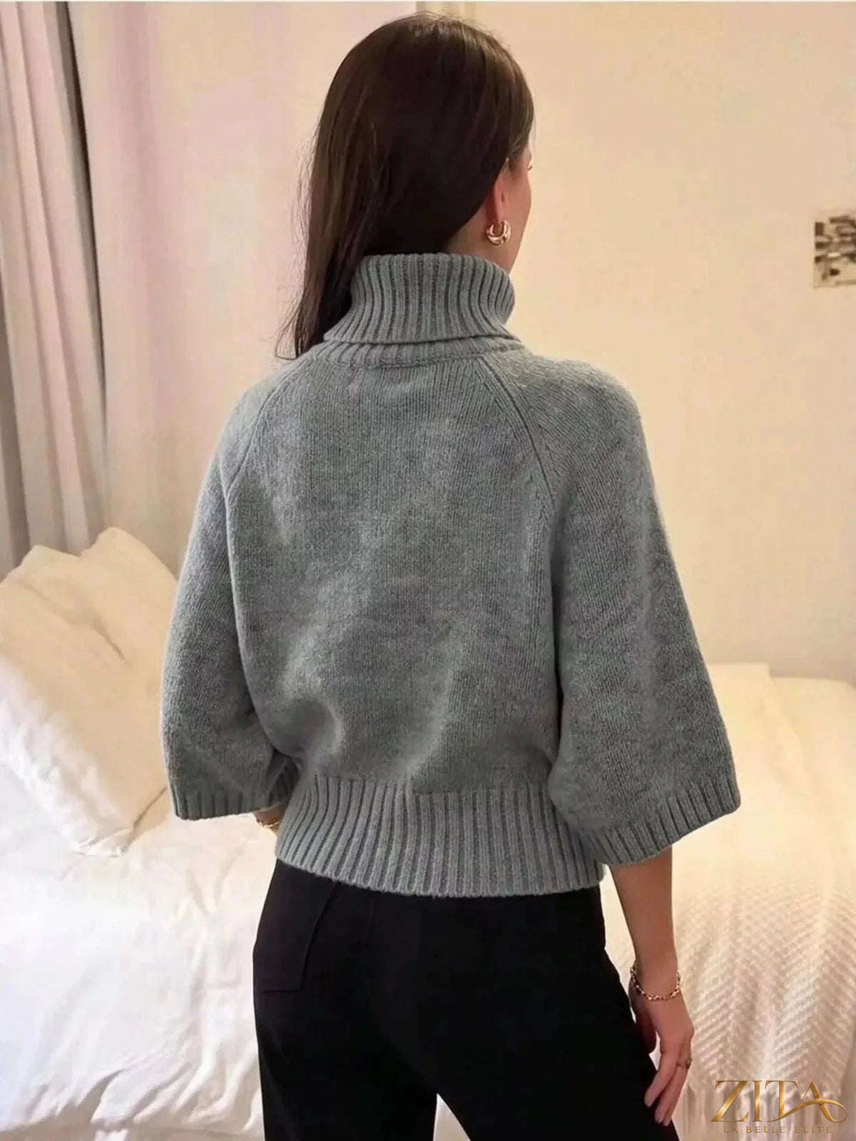 Gray turtleneck batwing sleeve sweater by Trendsi, featuring a cozy fit and stylish draped design.