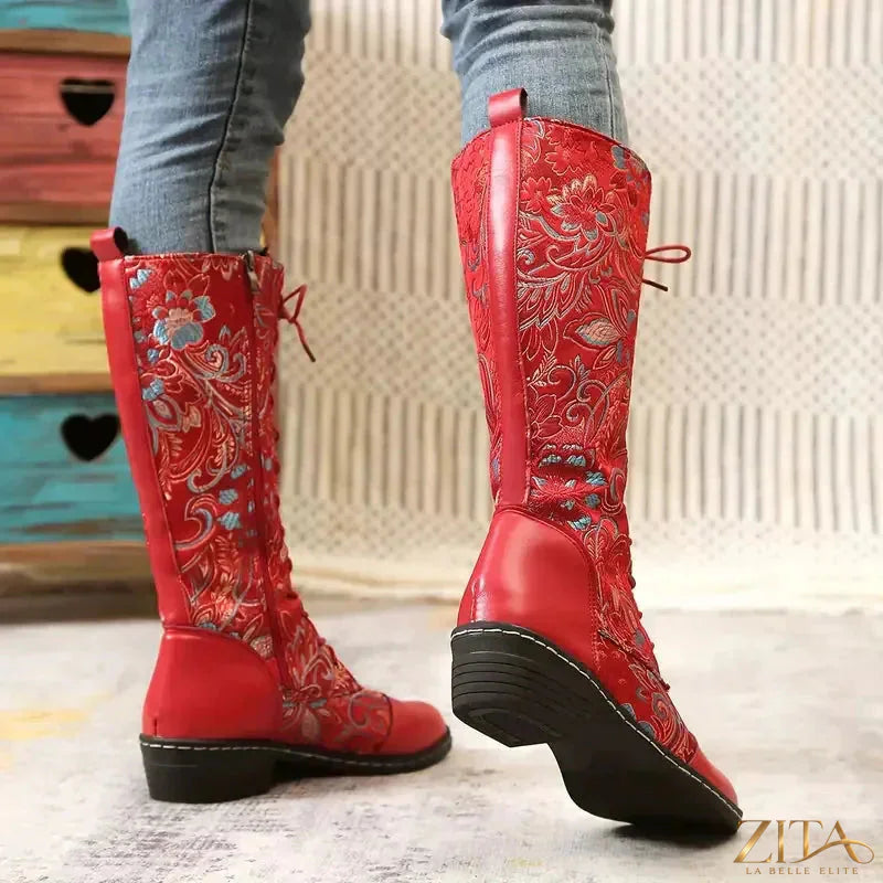Zita La Belle Elite embroidered lace-up knee-high boots with intricate embroidery and high heel design.