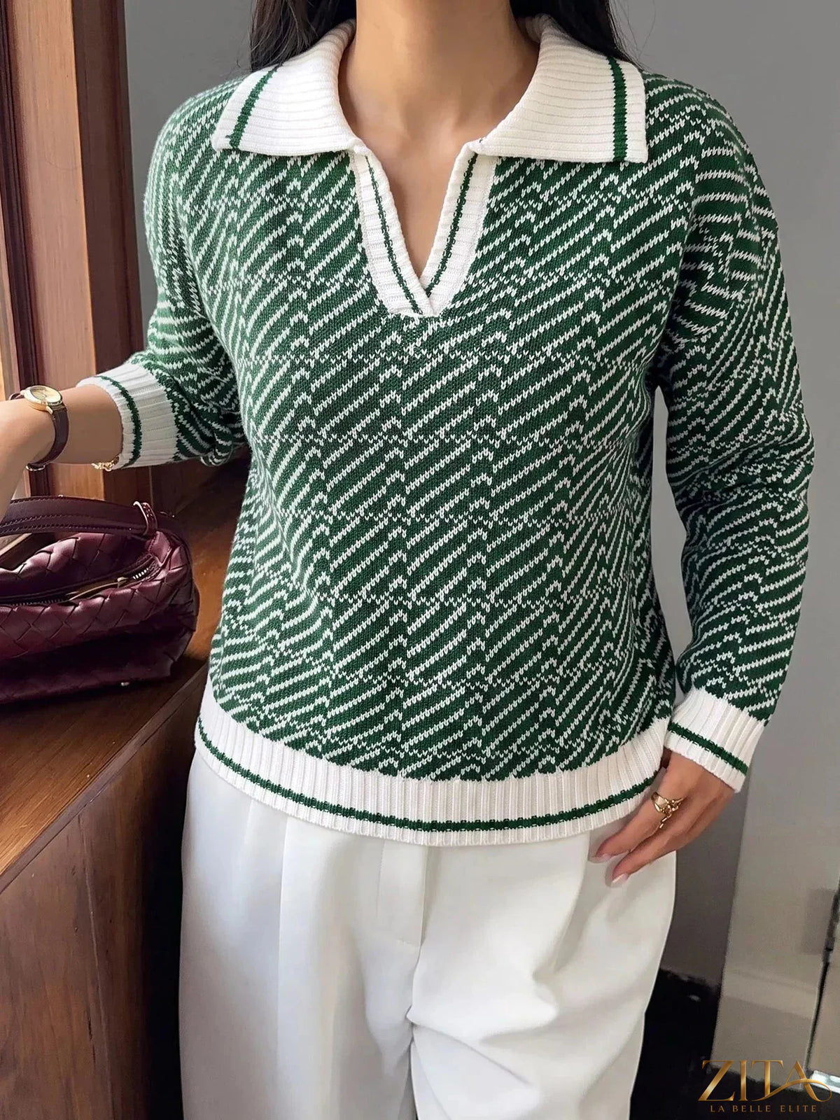 Zita La Belle Elite geometric patterned collared sweater featuring a colorful, modern design with a structured collar.