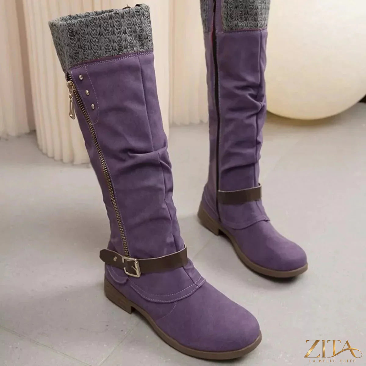Zita La Belle Elite knee-high slouch boots with knit cuff, showcasing soft leather material and stylish fold-over design.