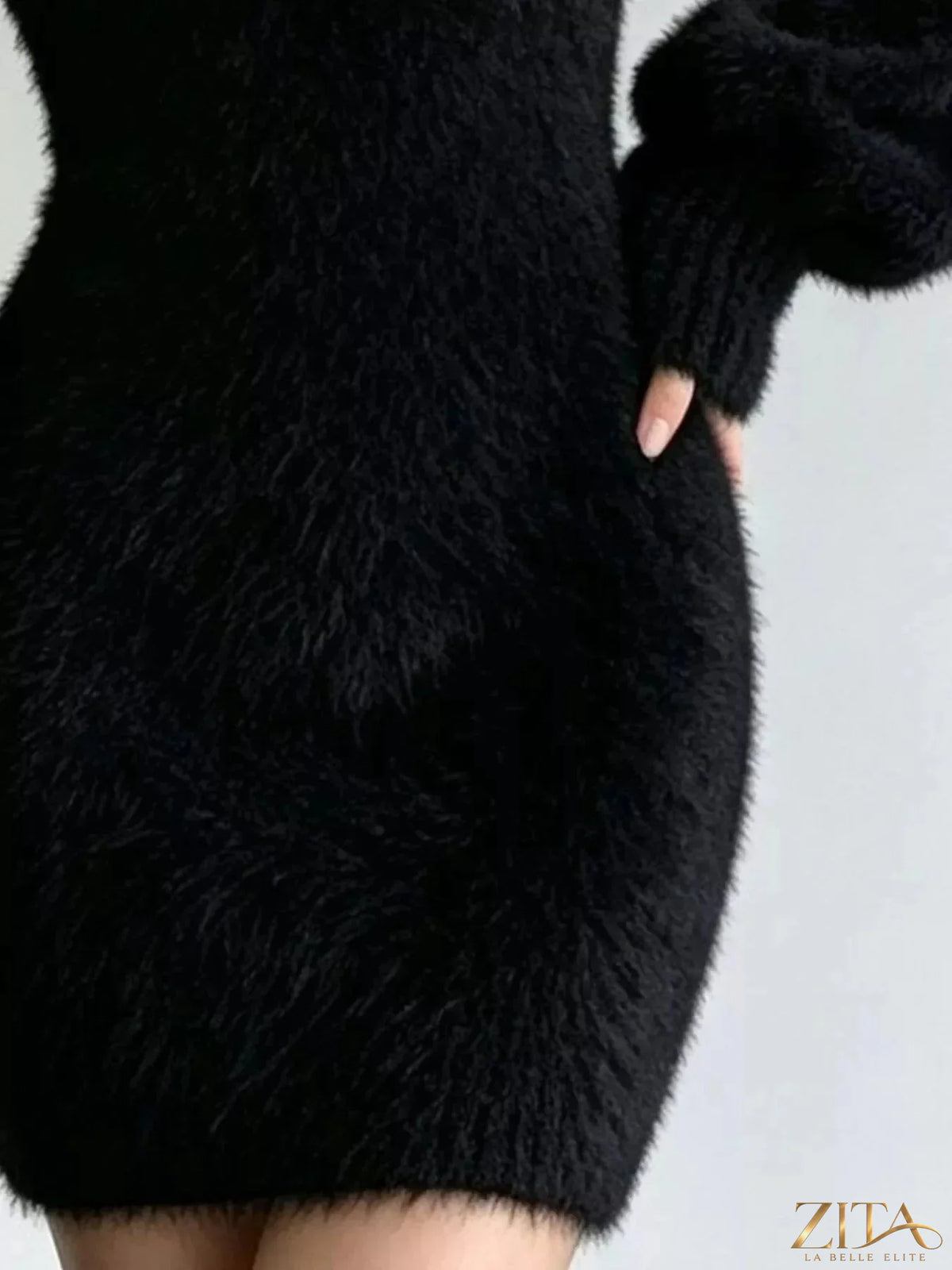 Zita La Belle Elite fuzzy knit V-neck sweater dress in cozy, soft fabric with long sleeves and a stylish V-neck design.