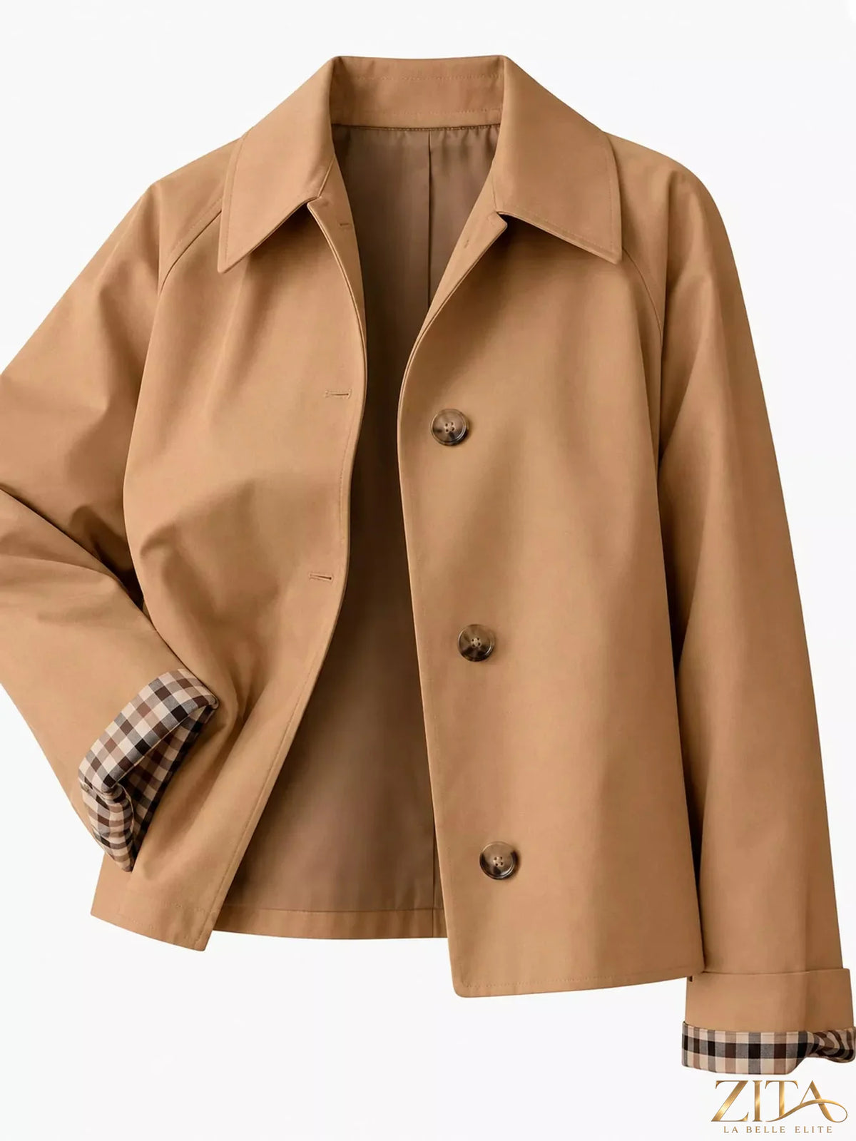 Zita La Belle Elite plaid cuffs cropped trench coat with button details and classic check pattern, stylish outerwear for women.
