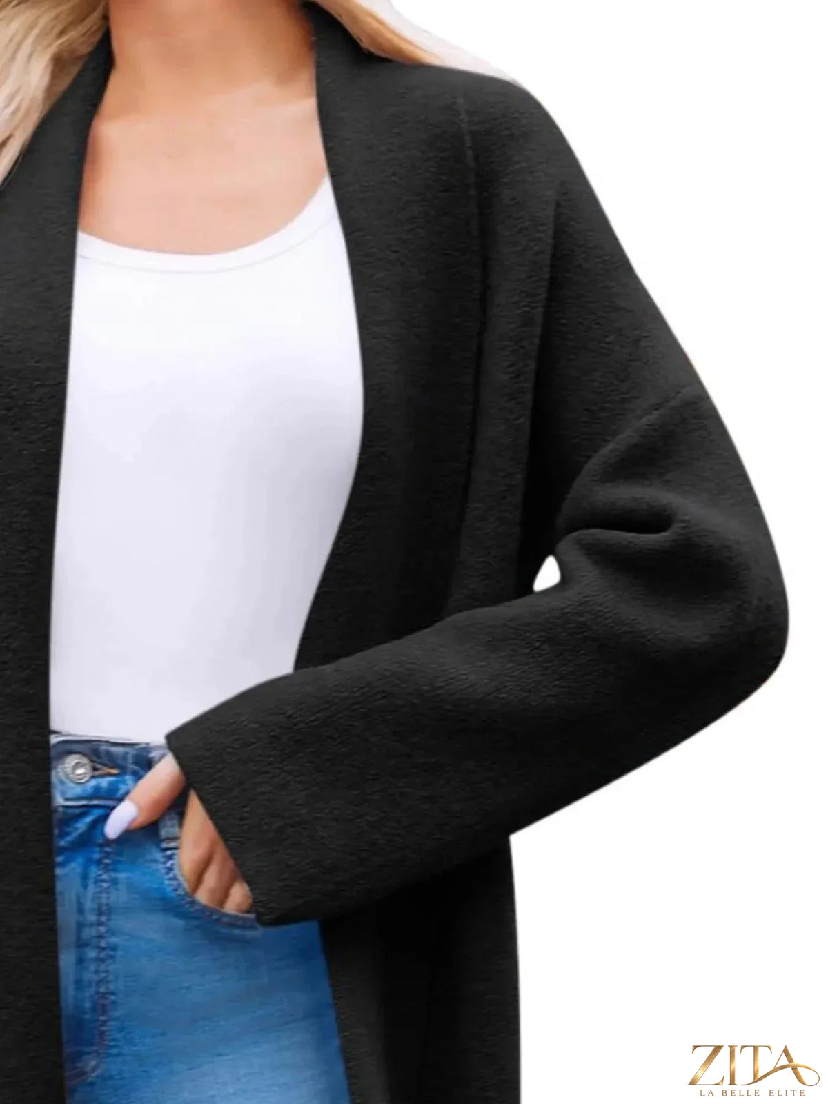Zita La Belle Elite open front longline coat in neutral fabric, featuring a relaxed fit and stylish lapel collar.
