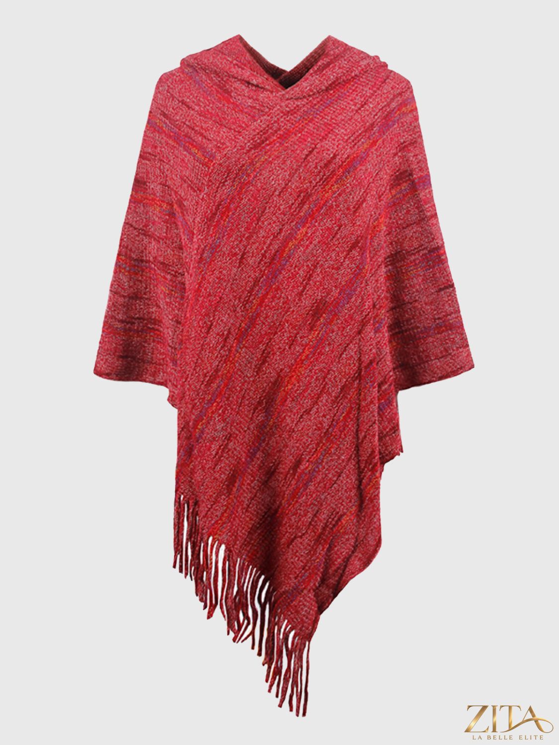 Zita La Belle Elite fringe hem hooded poncho in soft fabric with flowing design and fringe trim, displayed on a hanger.
