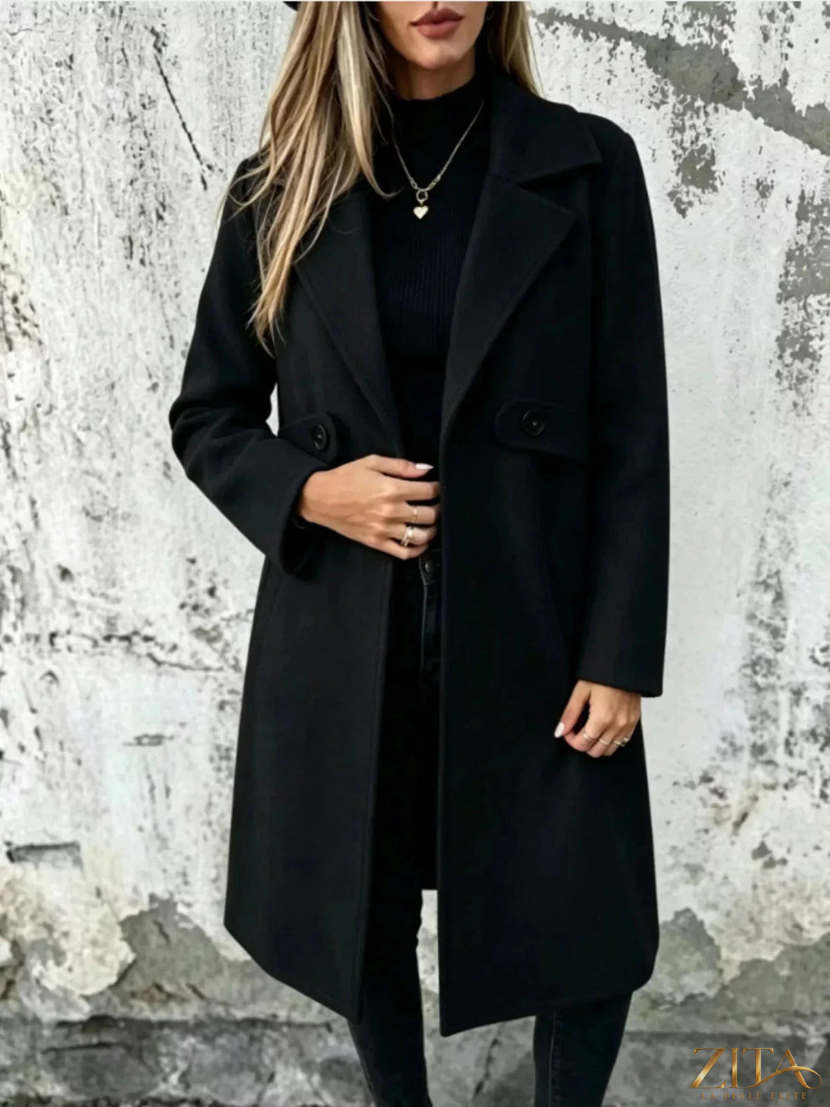 Plus size Zita La Belle Elite longline overcoat with lapel collar, full size, stylish and warm for cold weather.